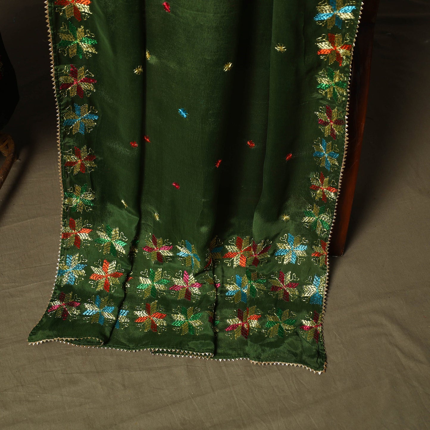 Phulkari hand embroidered crepe silk 3pc unstitched dress