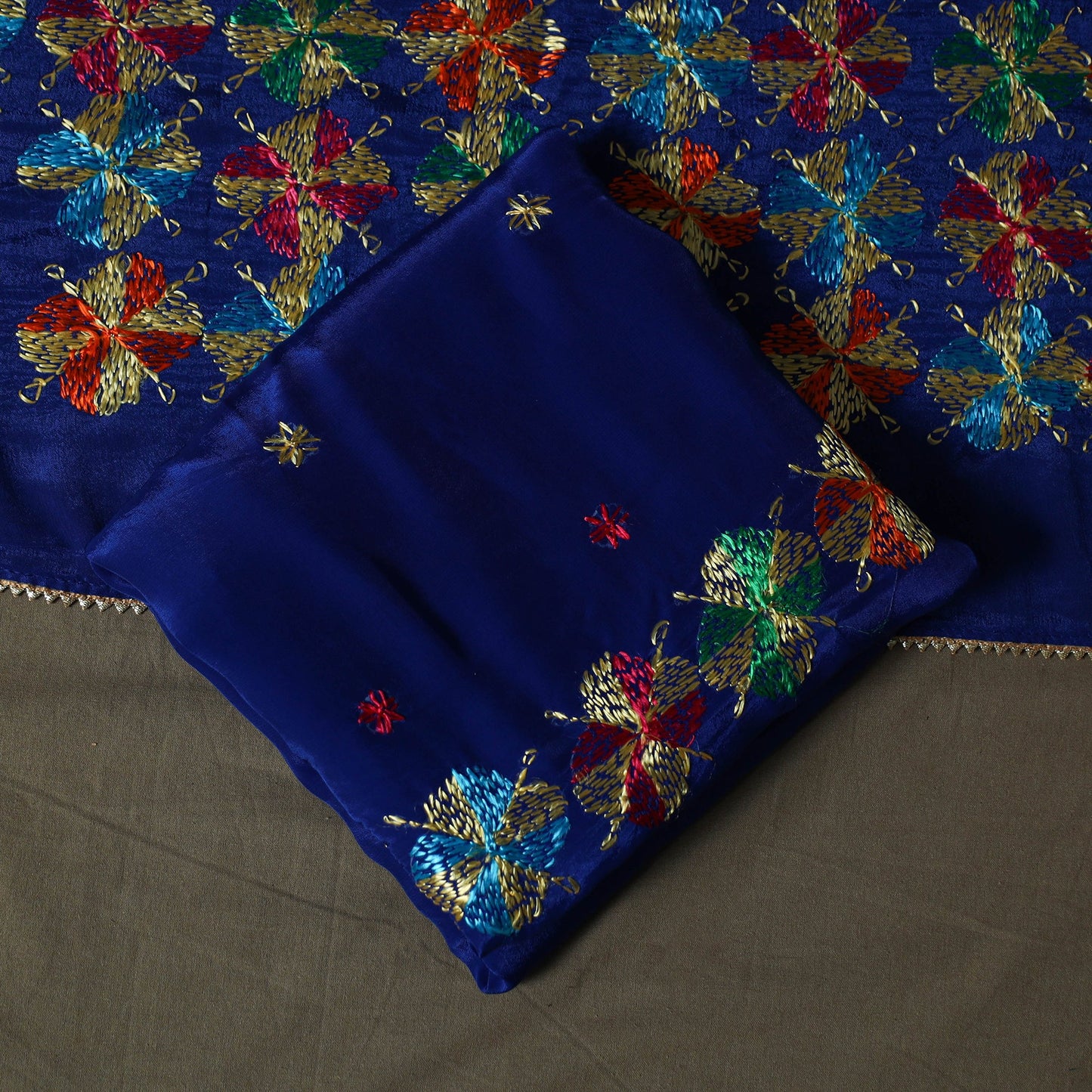 Phulkari hand embroidered crepe silk 3pc unstitched dress