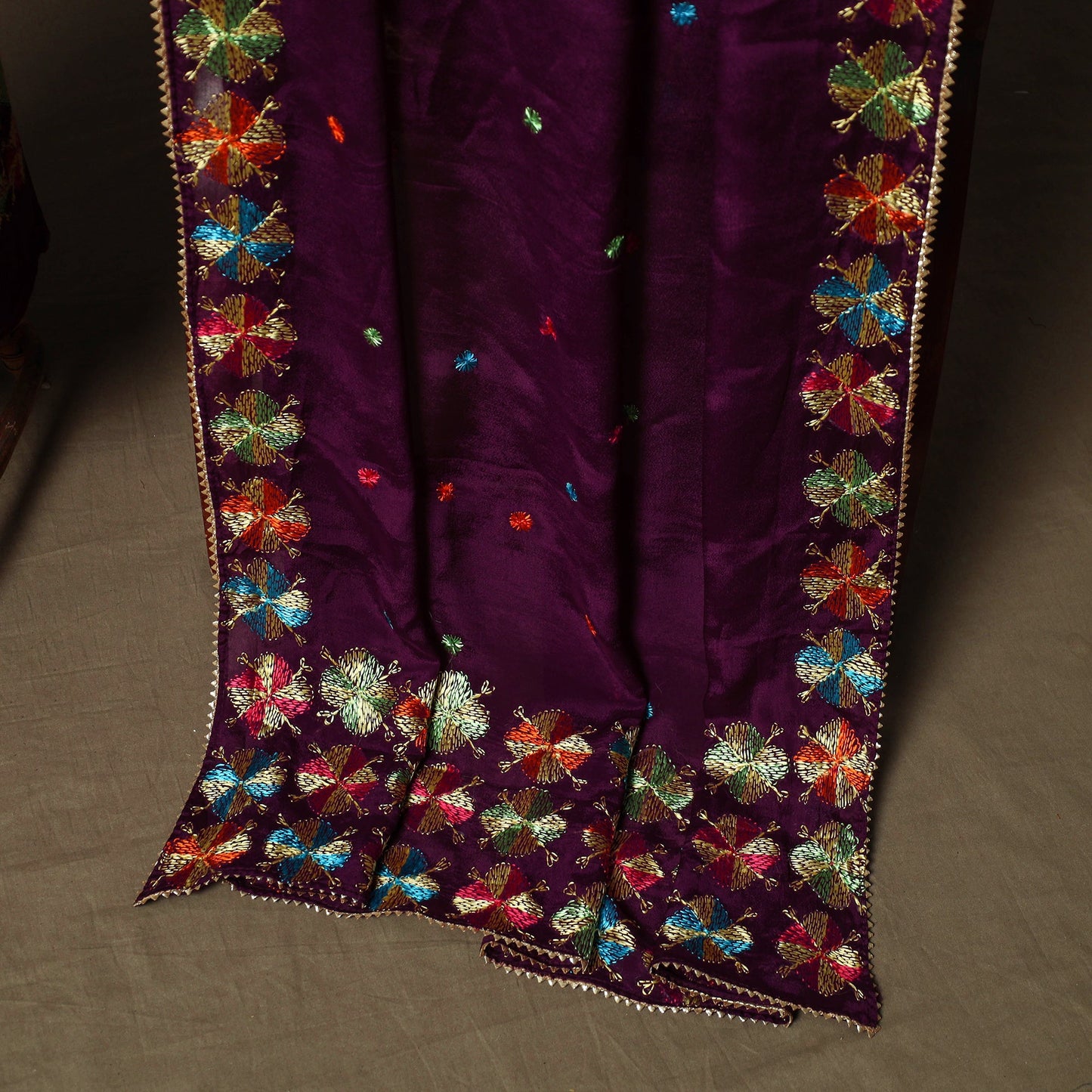 Phulkari hand embroidered crepe silk 3pc unstitched dress