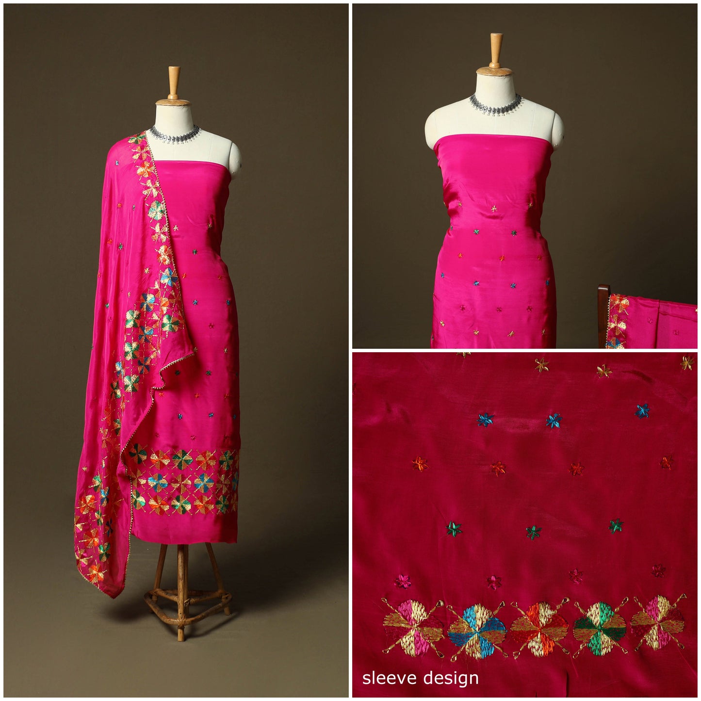 Phulkari hand embroidered crepe silk 3pc unstitched dress