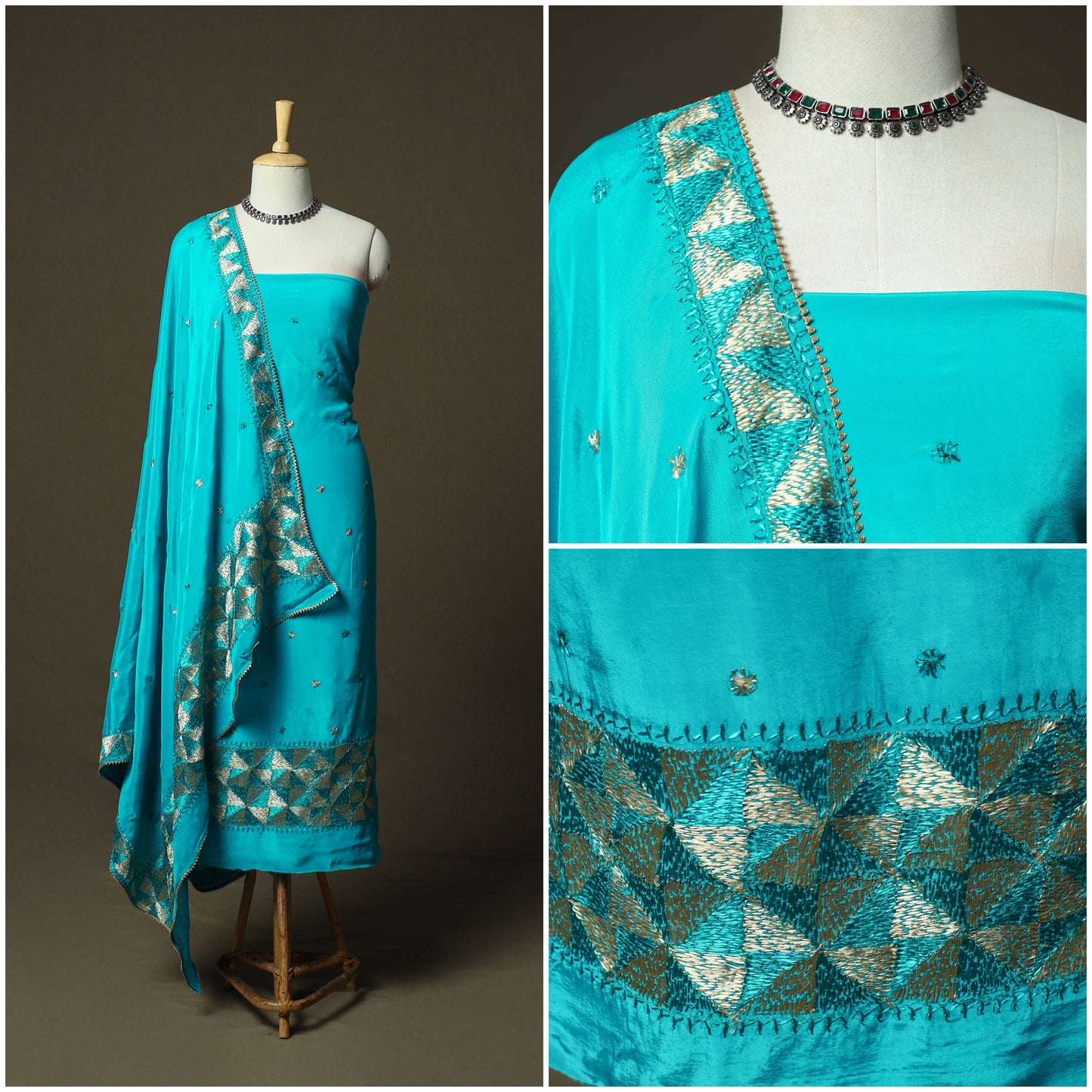Phulkari hand embroidered crepe silk 3pc unstitched dress