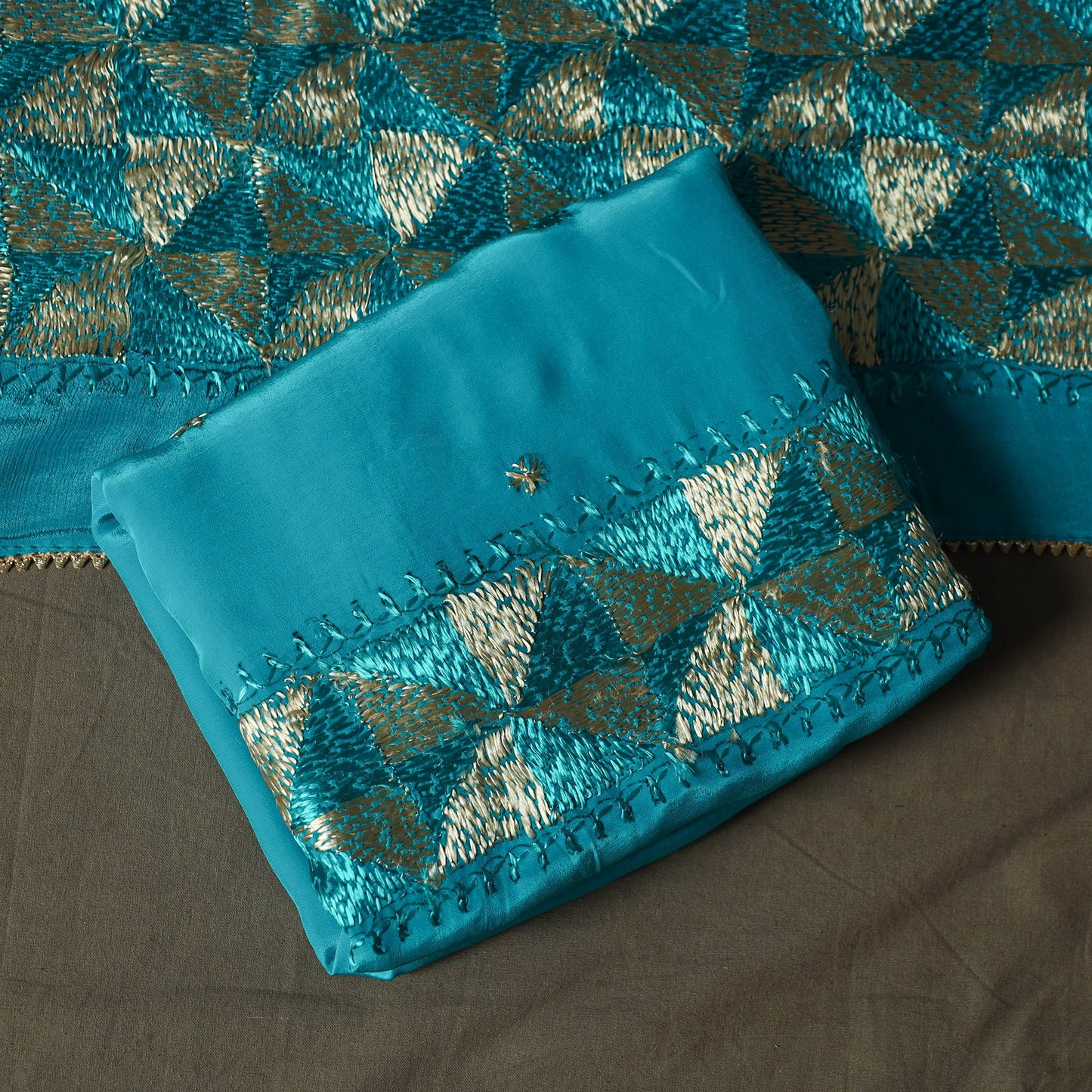 Phulkari hand embroidered crepe silk 3pc unstitched dress