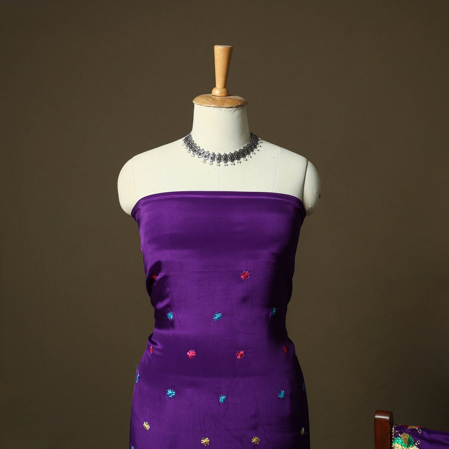 Phulkari hand embroidered crepe silk 3pc unstitched dress