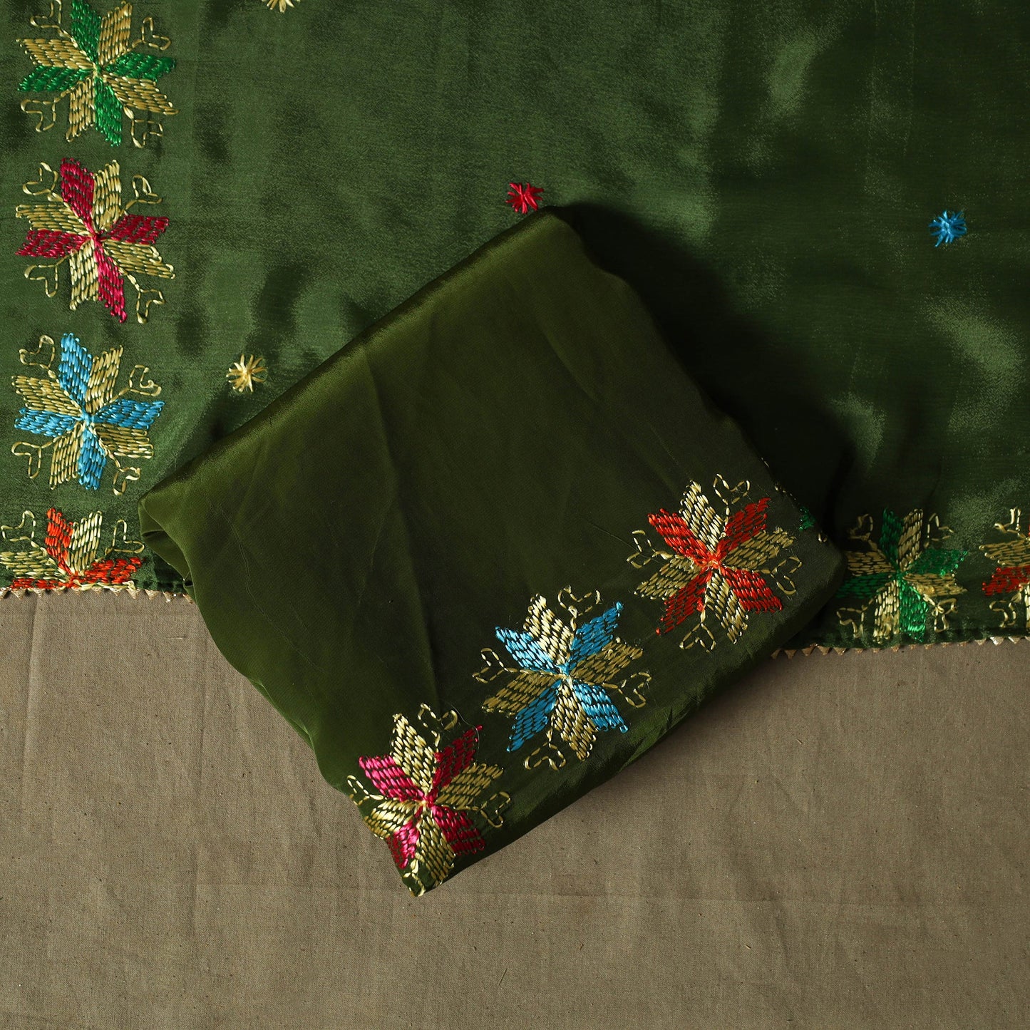 Phulkari hand embroidered crepe silk 3pc unstitched dress