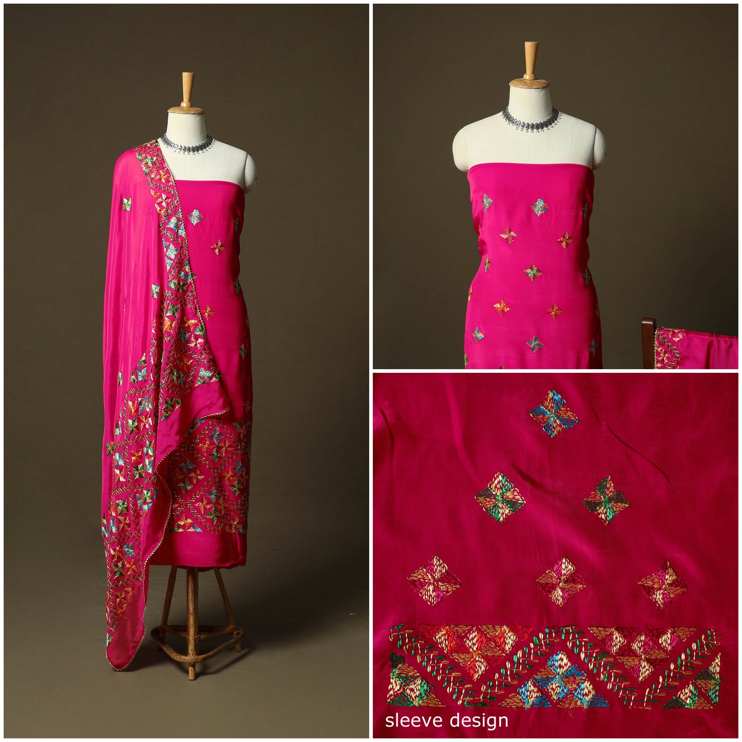 Phulkari hand embroidered crepe silk 3pc unstitched dress
