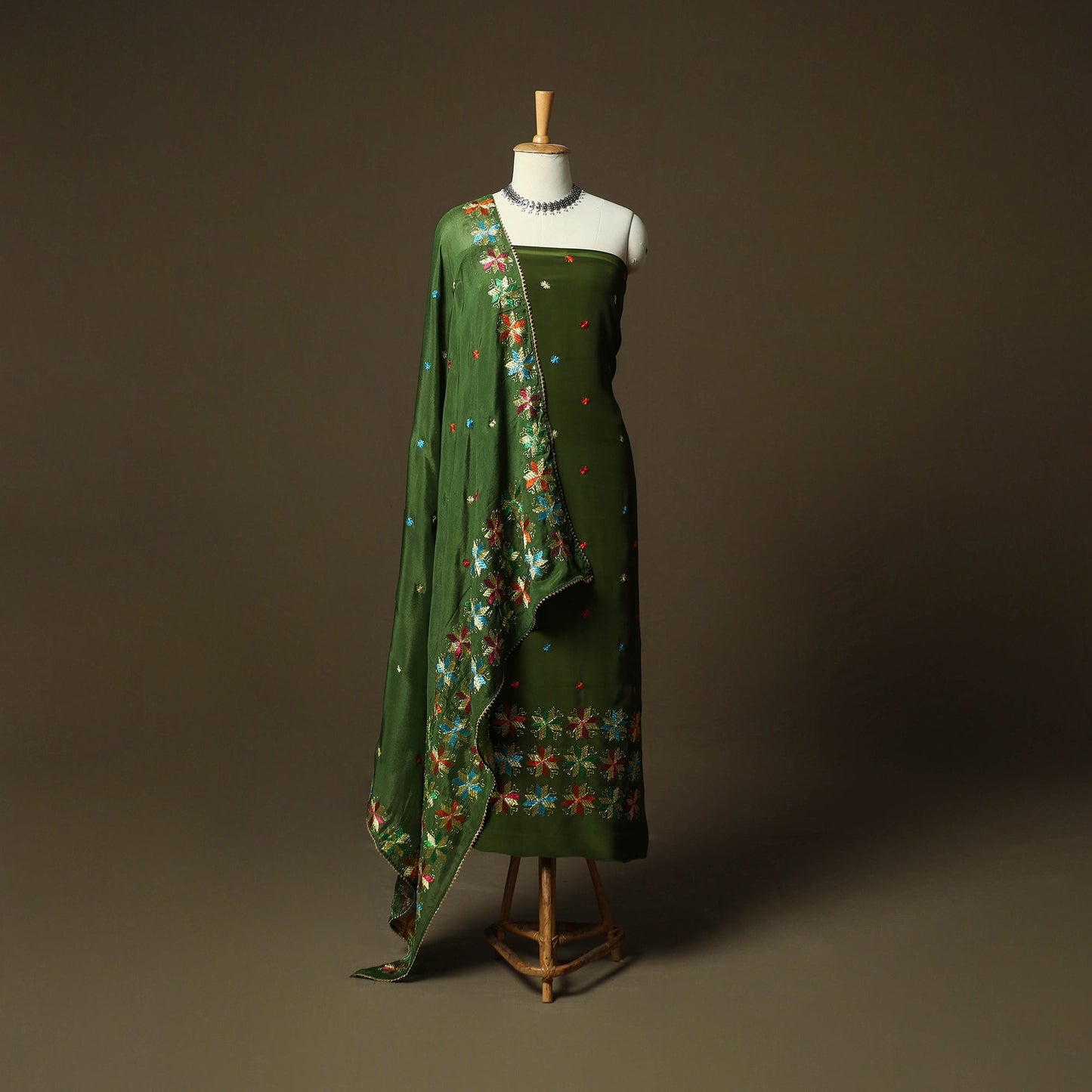 Phulkari hand embroidered crepe silk 3pc unstitched dress