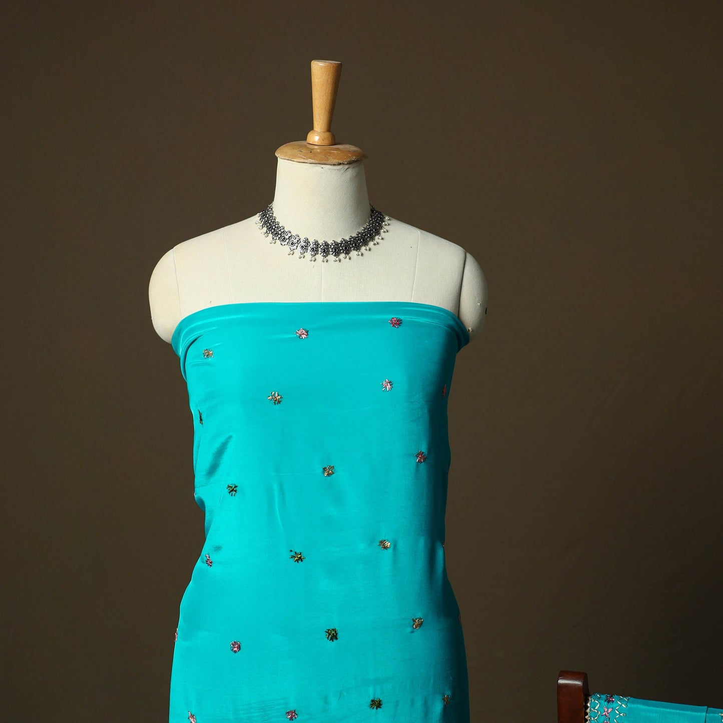 Phulkari hand embroidered crepe silk 3pc unstitched dress