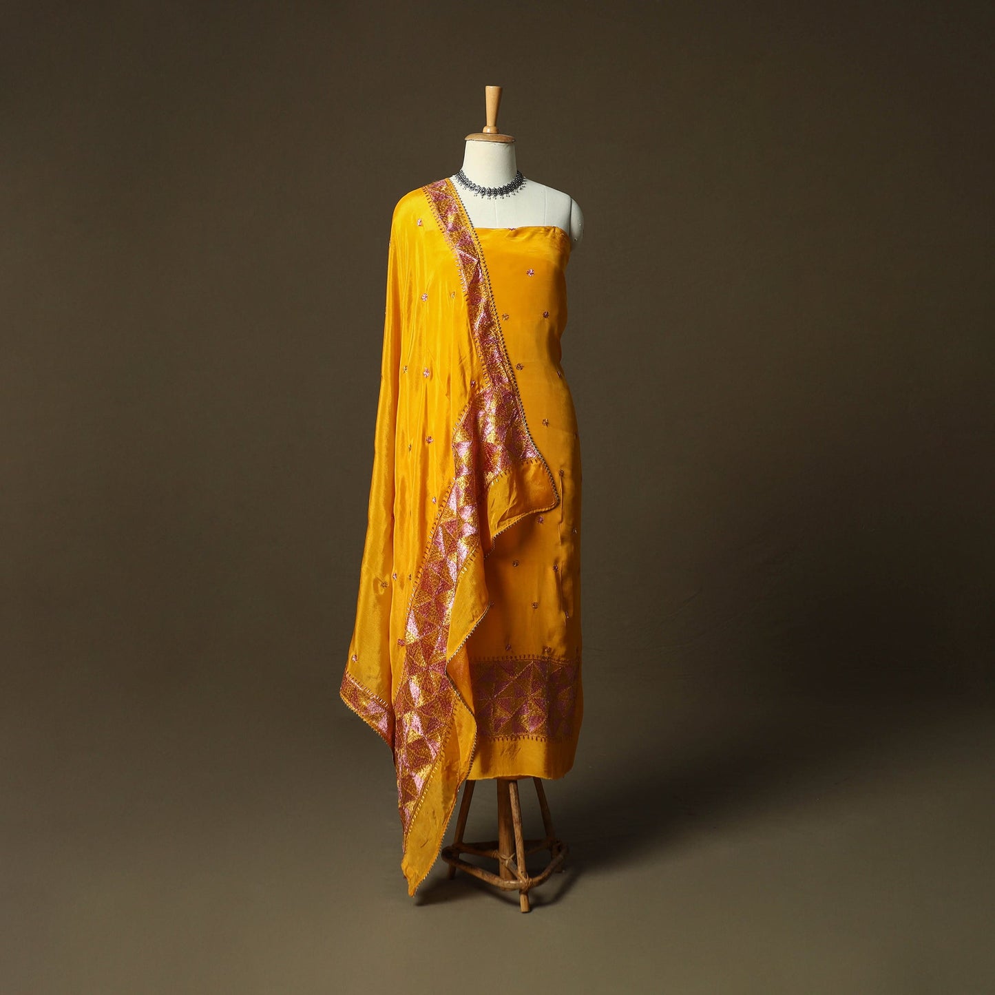 Phulkari hand embroidered crepe silk 3pc unstitched dress