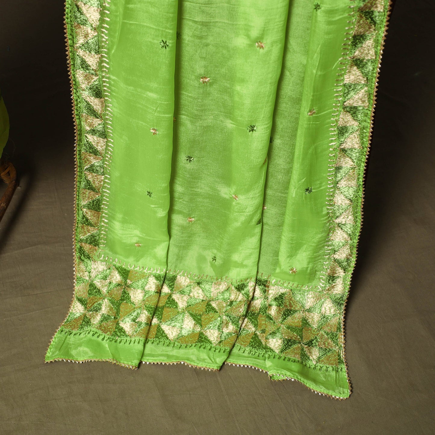 Phulkari hand embroidered crepe silk 3pc unstitched dress