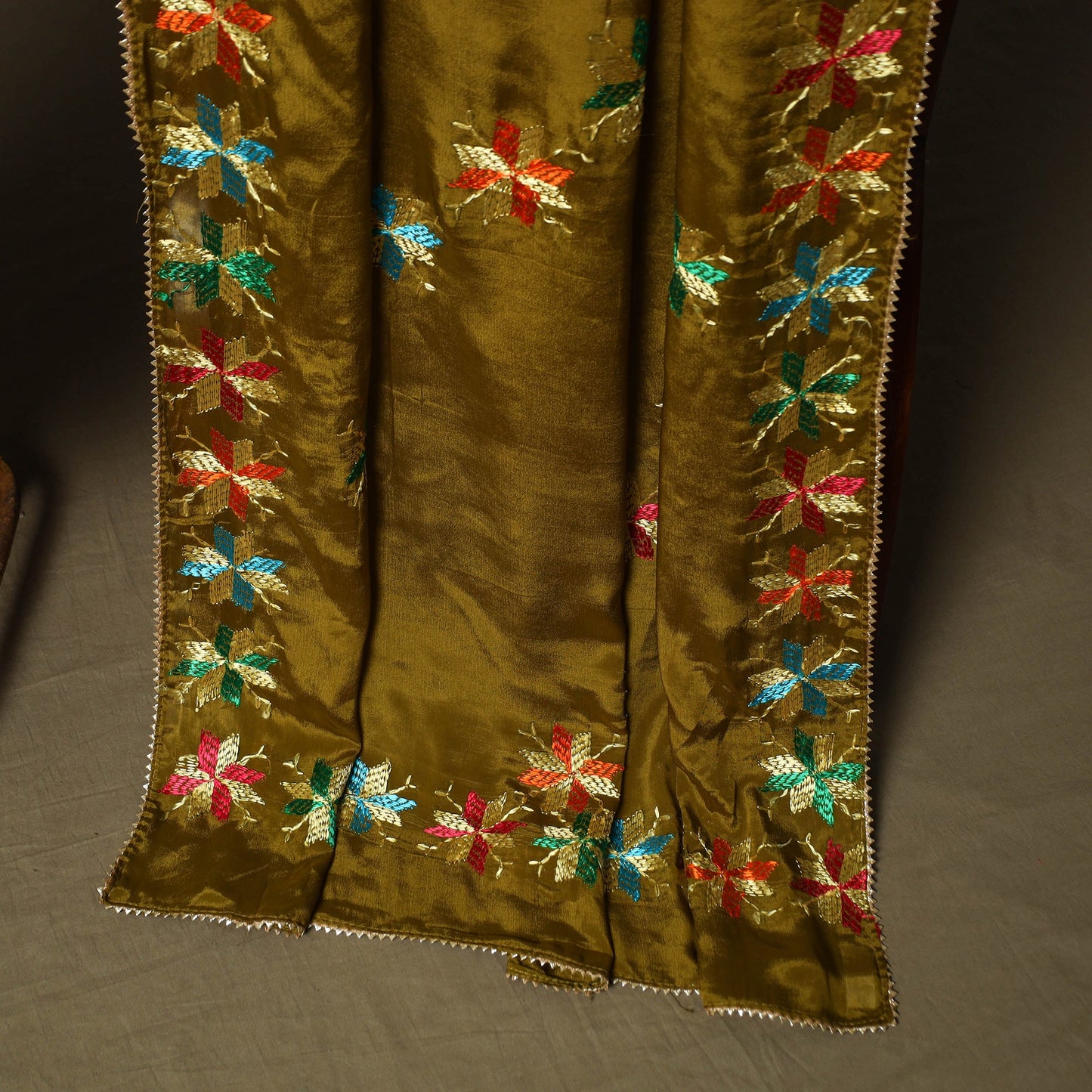 Phulkari hand embroidered crepe silk 3pc unstitched dress