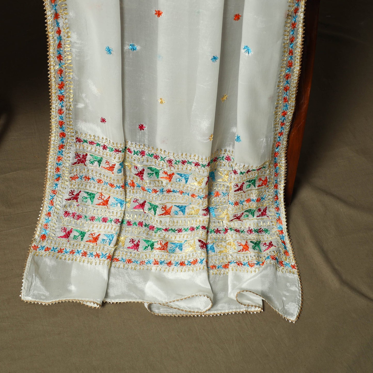 Phulkari hand embroidered crepe silk 3pc unstitched dress