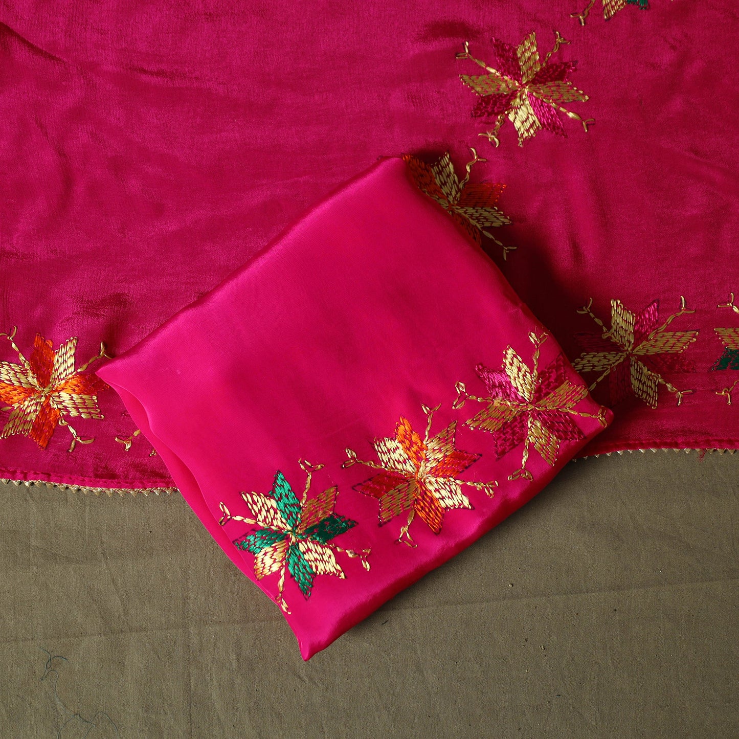 Phulkari hand embroidered crepe silk 3pc unstitched dress