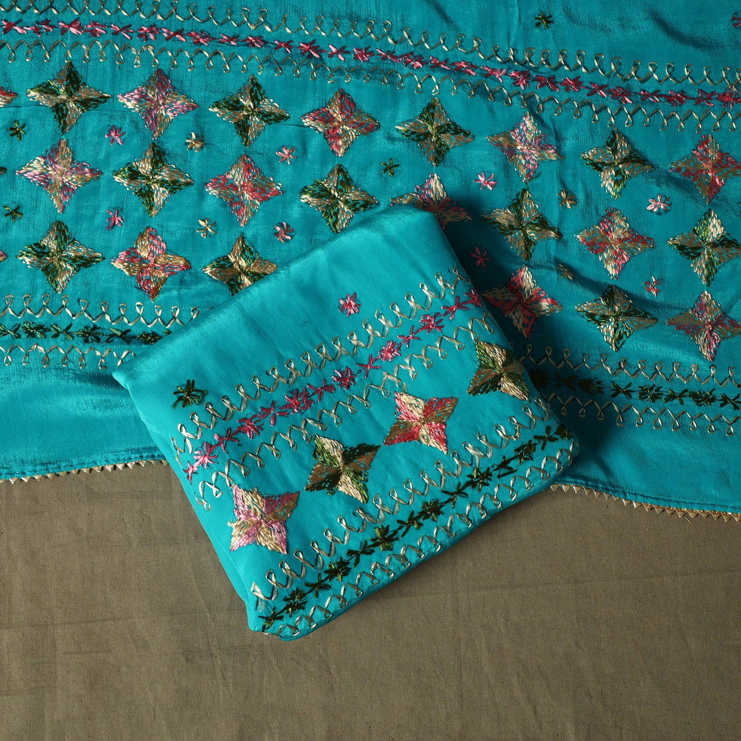 Phulkari hand embroidered crepe silk 3pc unstitched dress