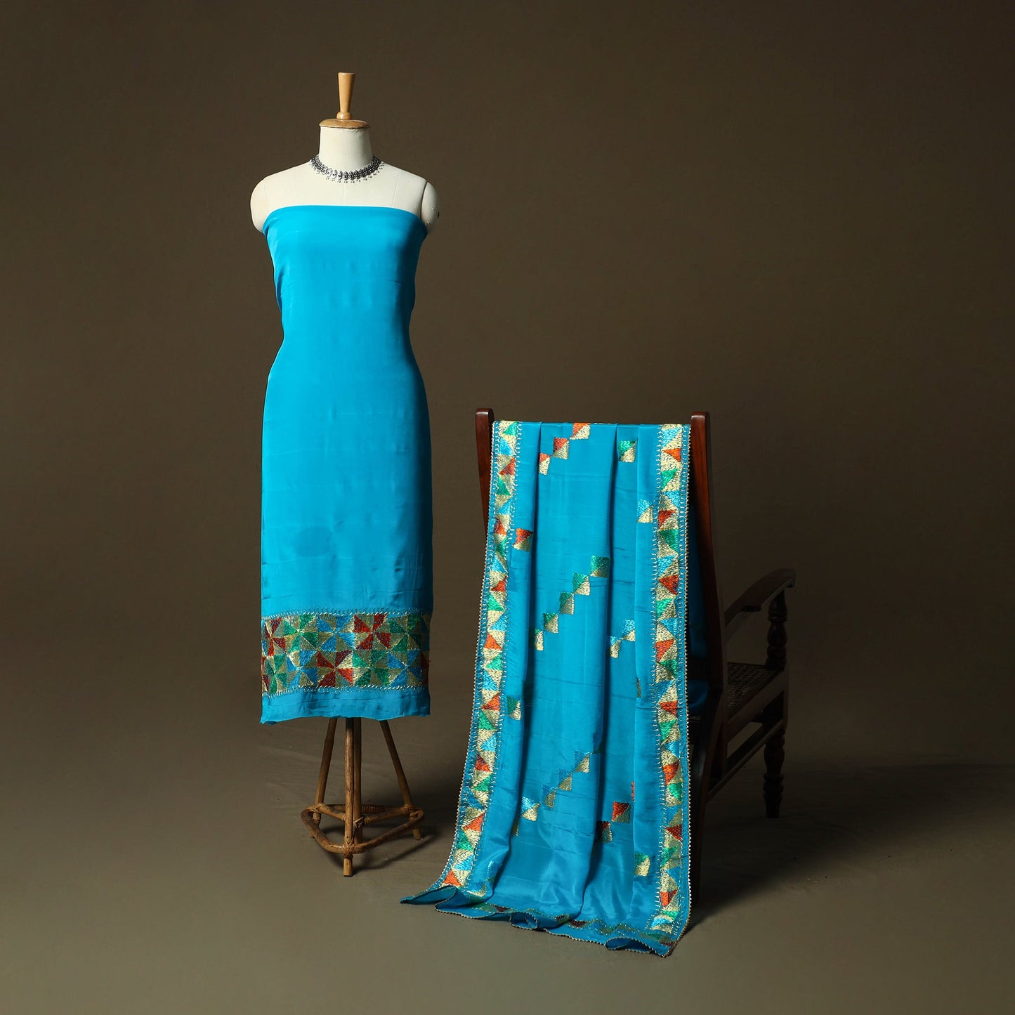 Phulkari hand embroidered crepe silk 3pc unstitched dress