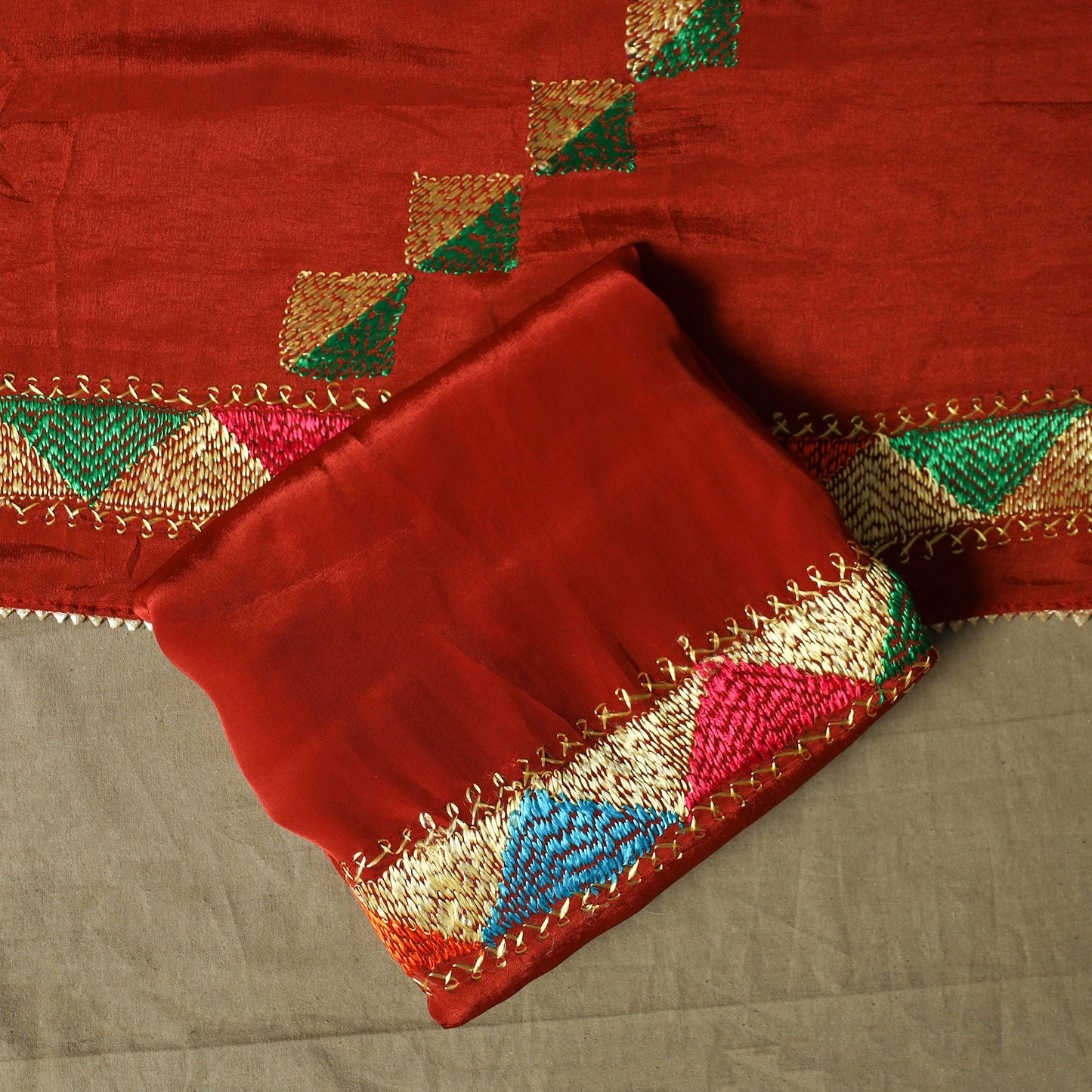 Phulkari hand embroidered crepe silk 3pc unstitched dress