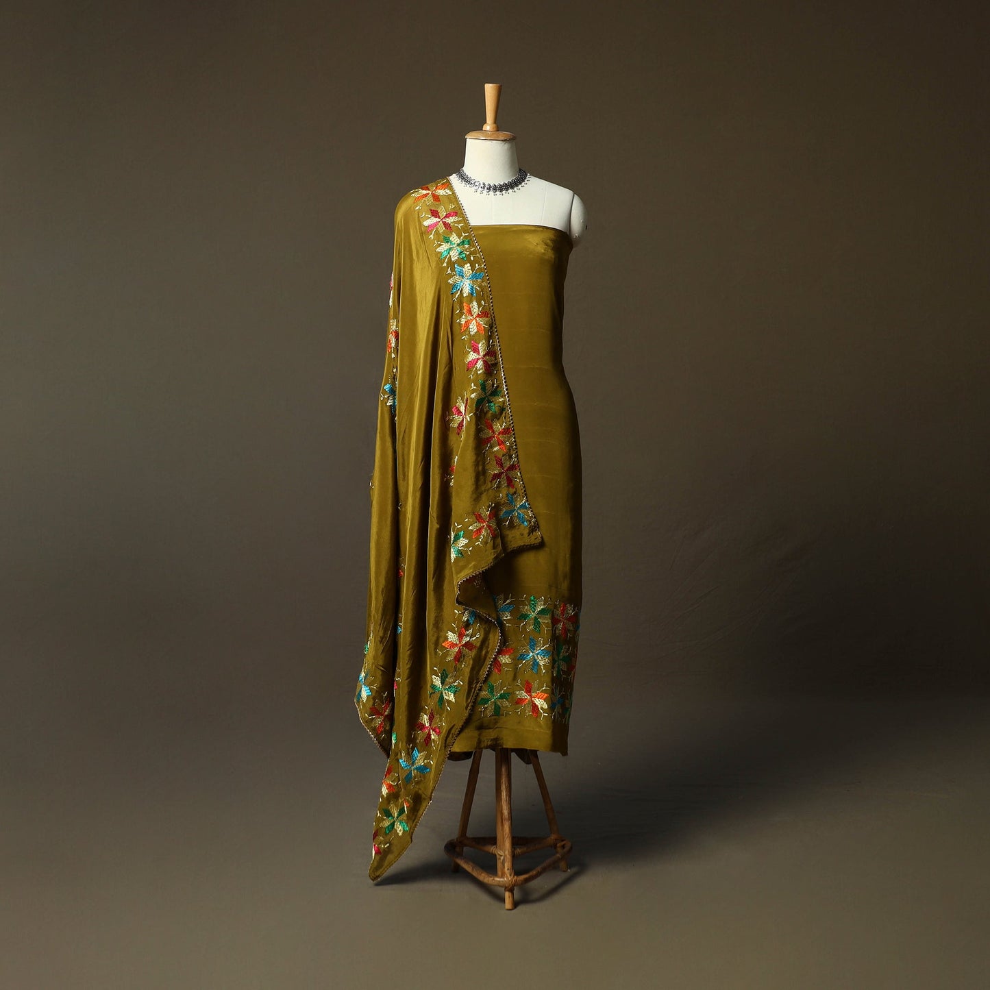 Phulkari hand embroidered crepe silk 3pc unstitched dress