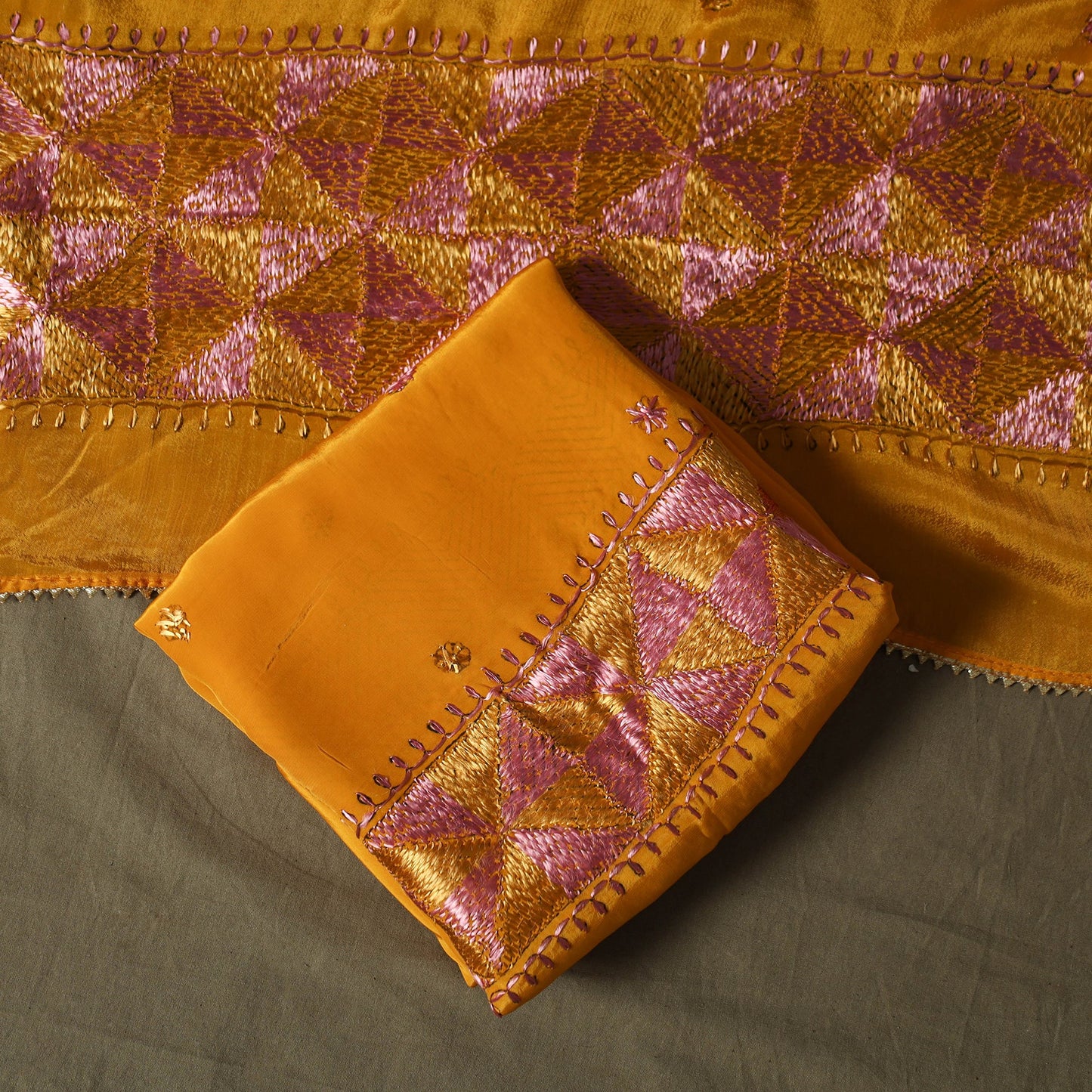Phulkari hand embroidered crepe silk 3pc unstitched dress
