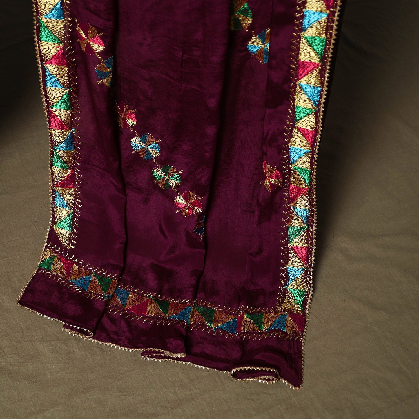 Phulkari hand embroidered crepe silk 3pc unstitched dress