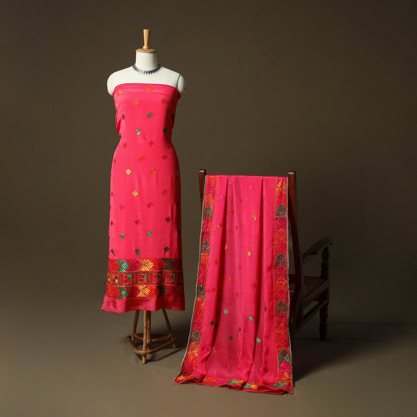 Phulkari hand embroidered crepe silk 3pc unstitched dress