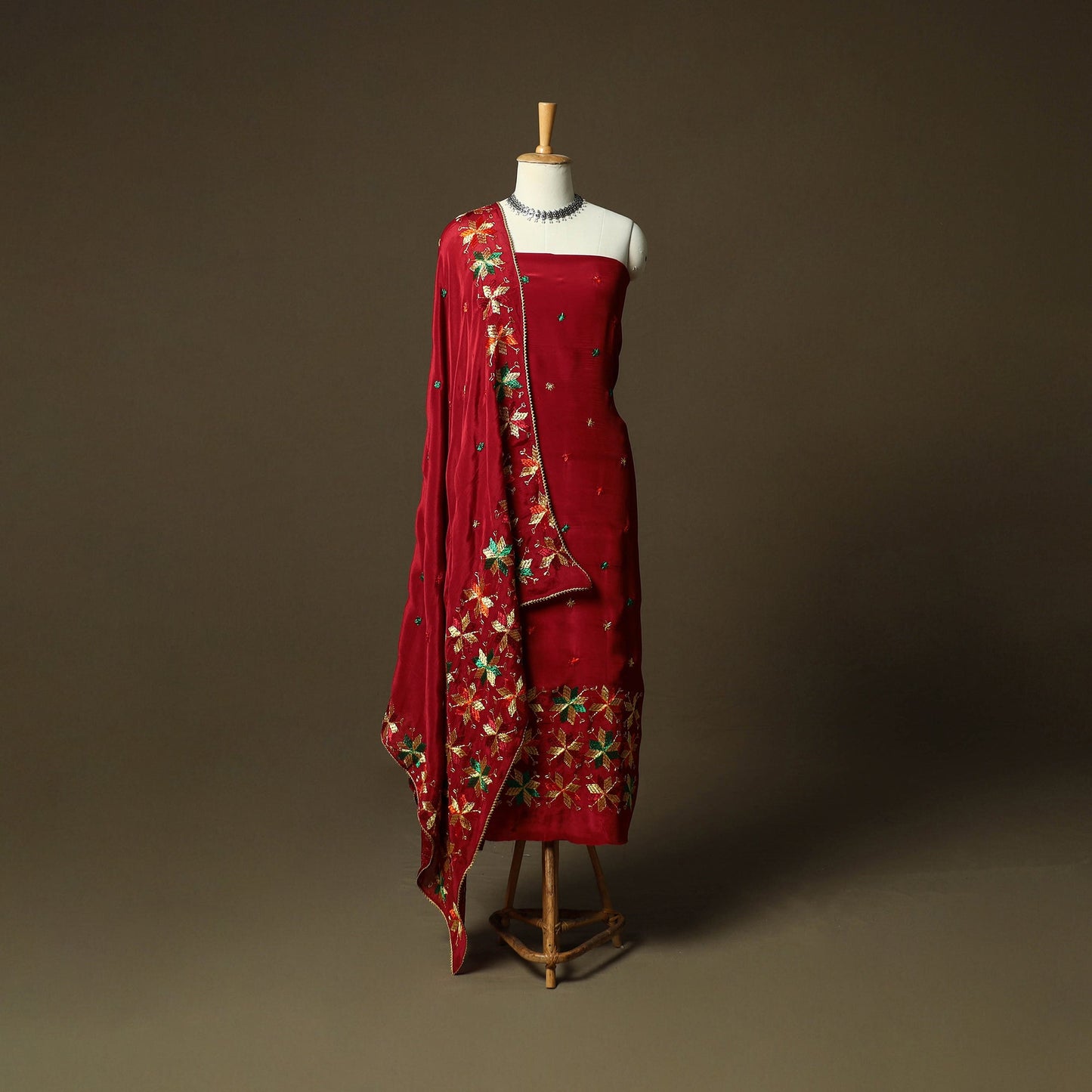 Phulkari hand embroidered crepe silk 3pc unstitched dress