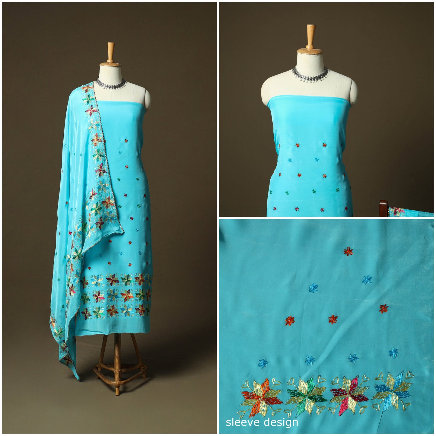 Phulkari hand embroidered crepe silk 3pc unstitched dress