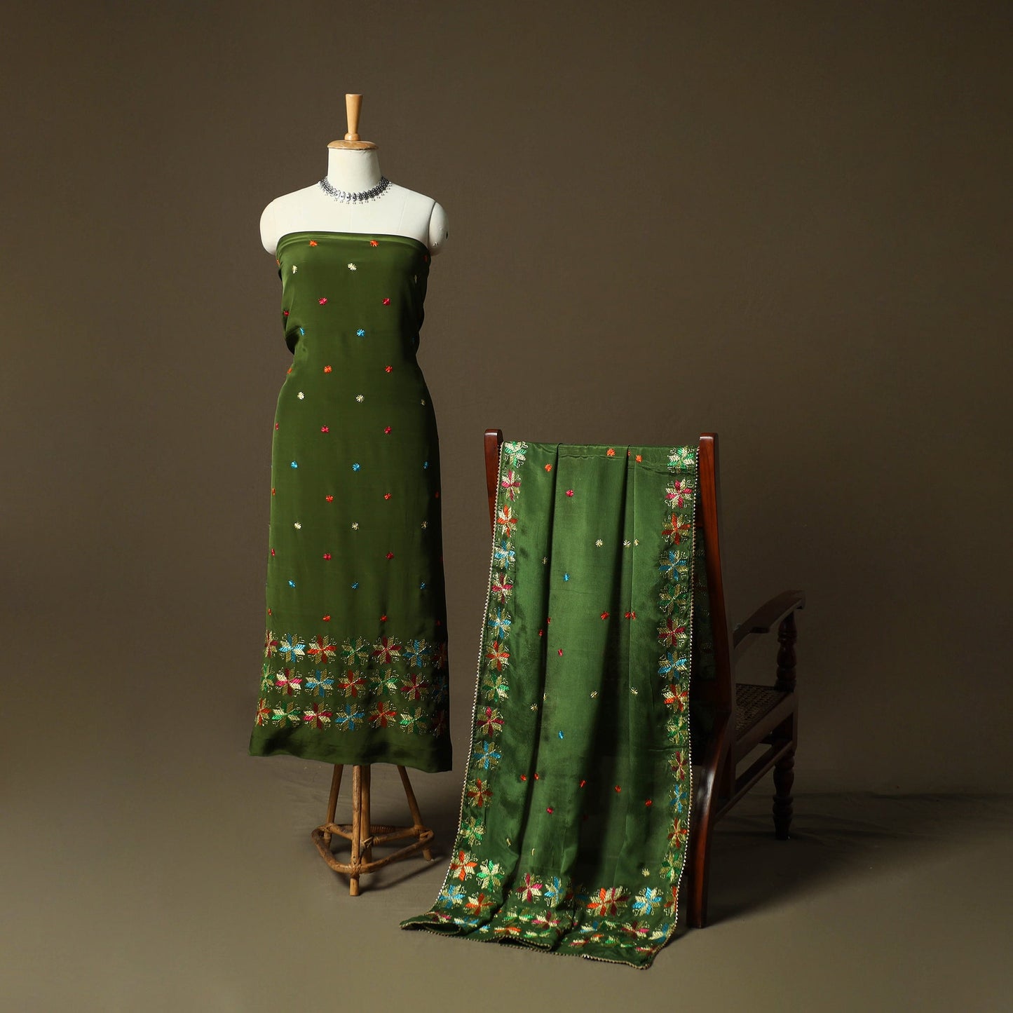 Phulkari hand embroidered crepe silk 3pc unstitched dress