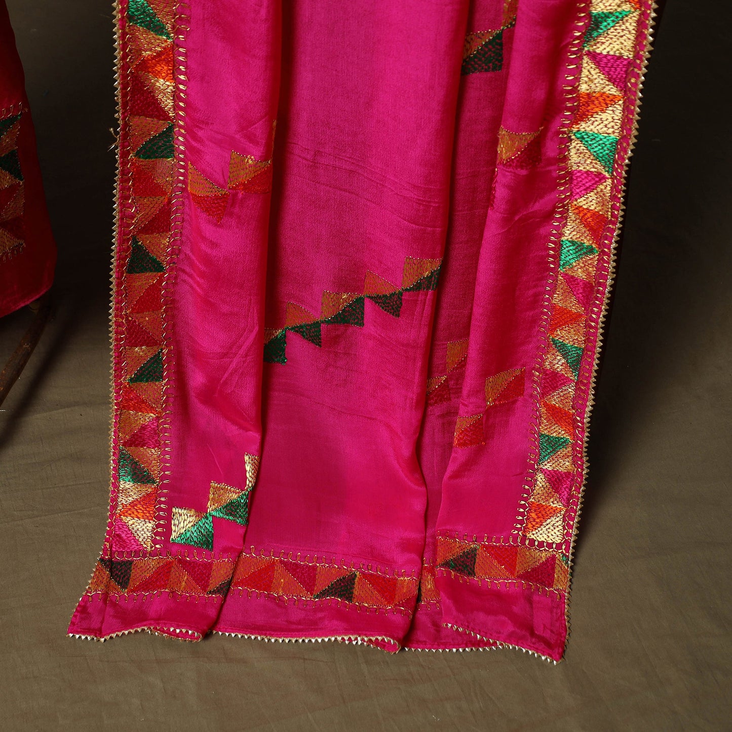 Phulkari hand embroidered crepe silk 3pc unstitched dress