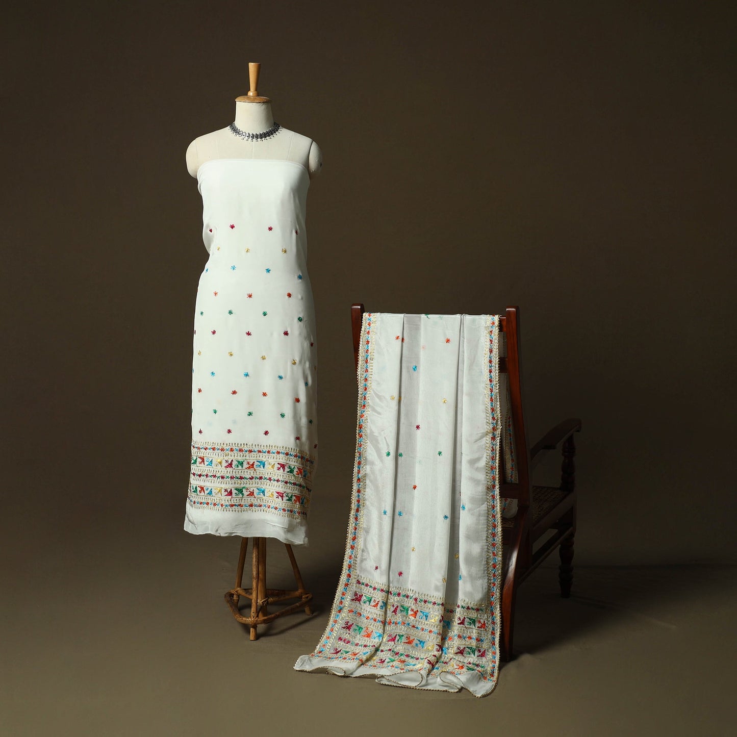 Phulkari hand embroidered crepe silk 3pc unstitched dress