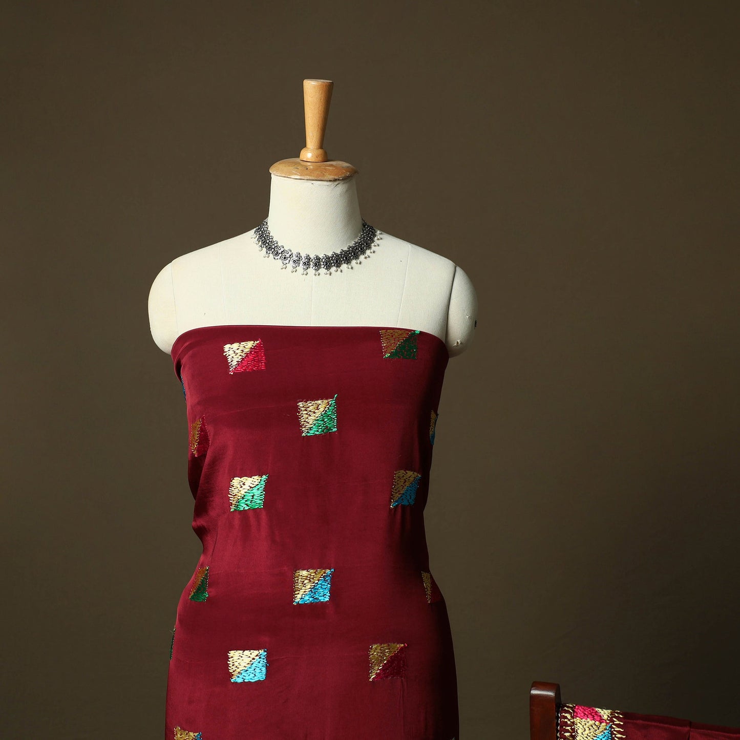 Phulkari hand embroidered crepe silk 3pc unstitched dress