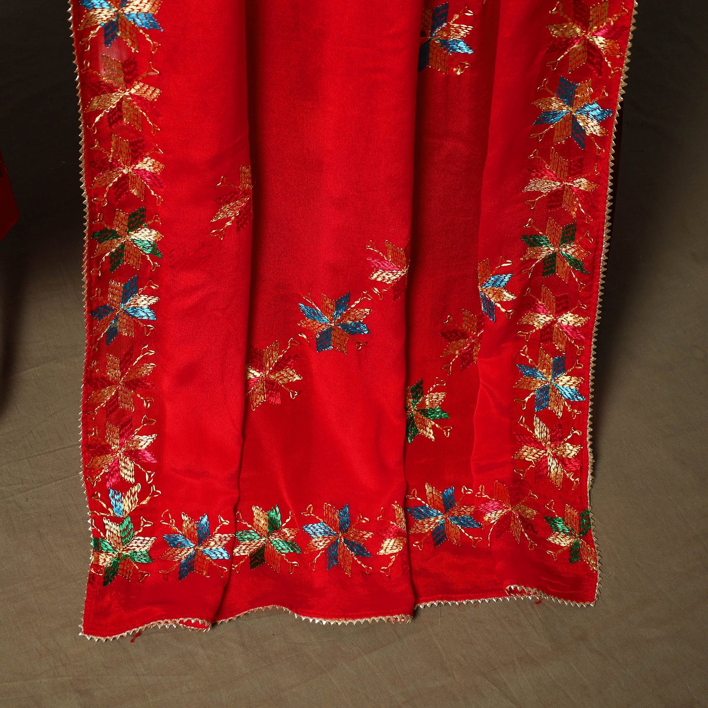 Phulkari hand embroidered crepe silk 3pc unstitched dress