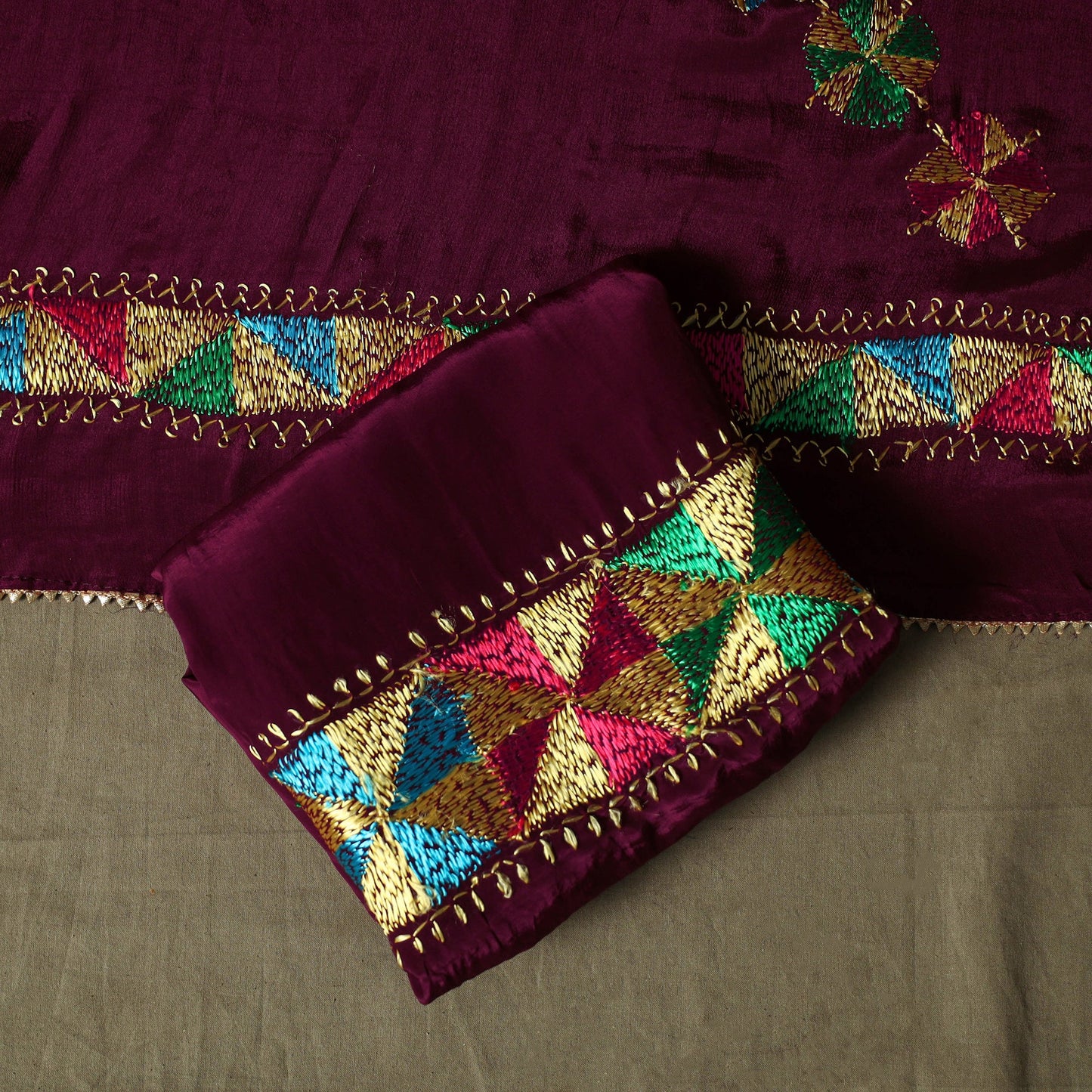 Phulkari hand embroidered crepe silk 3pc unstitched dress
