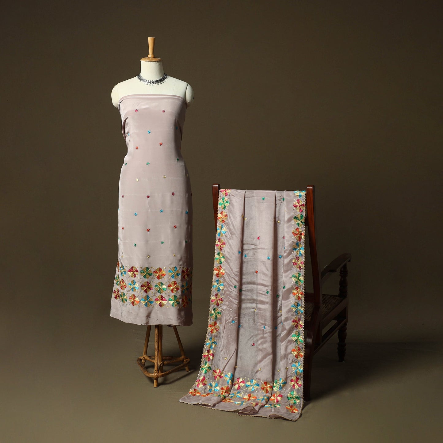 Phulkari hand embroidered crepe silk 3pc unstitched dress