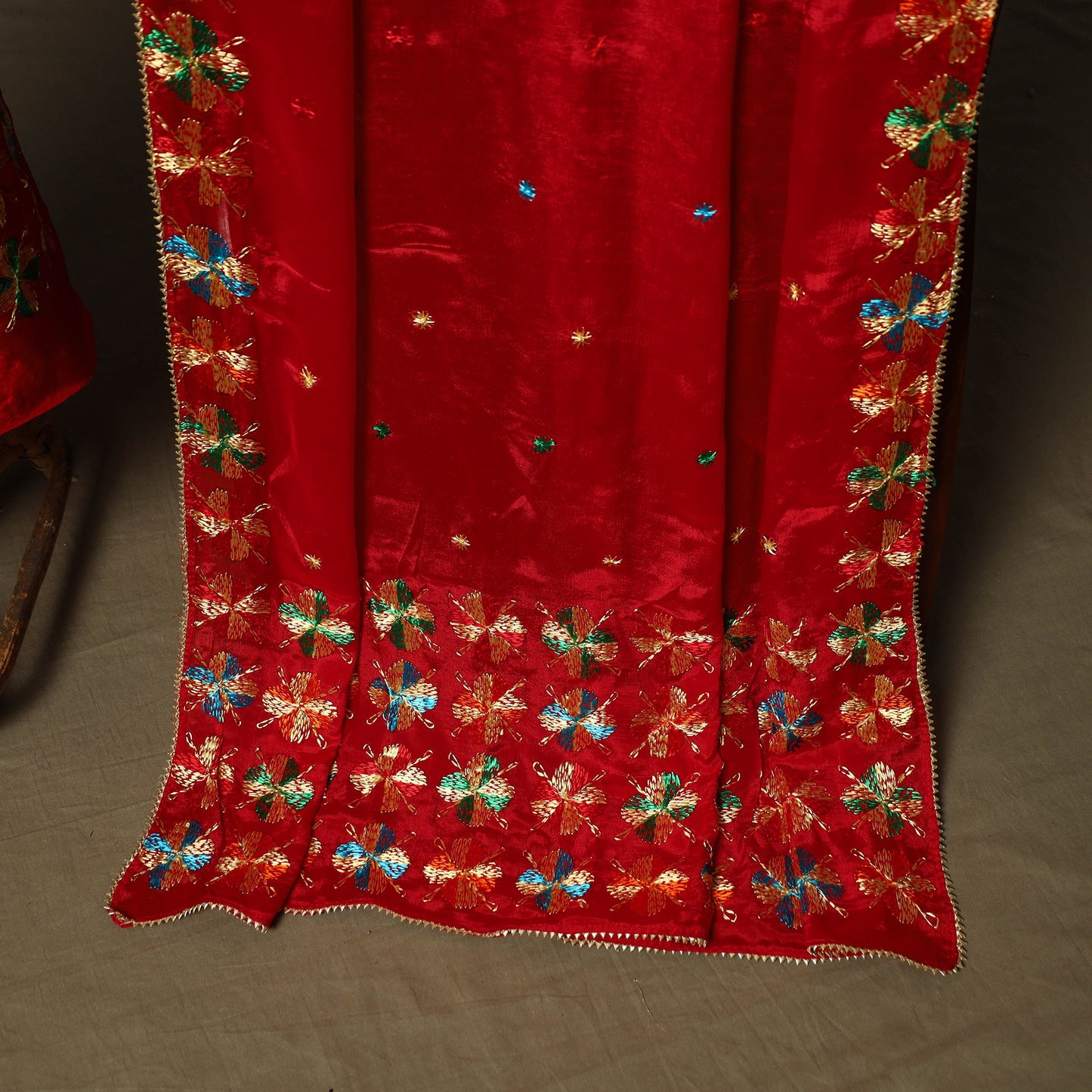 Phulkari hand embroidered crepe silk 3pc unstitched dress
