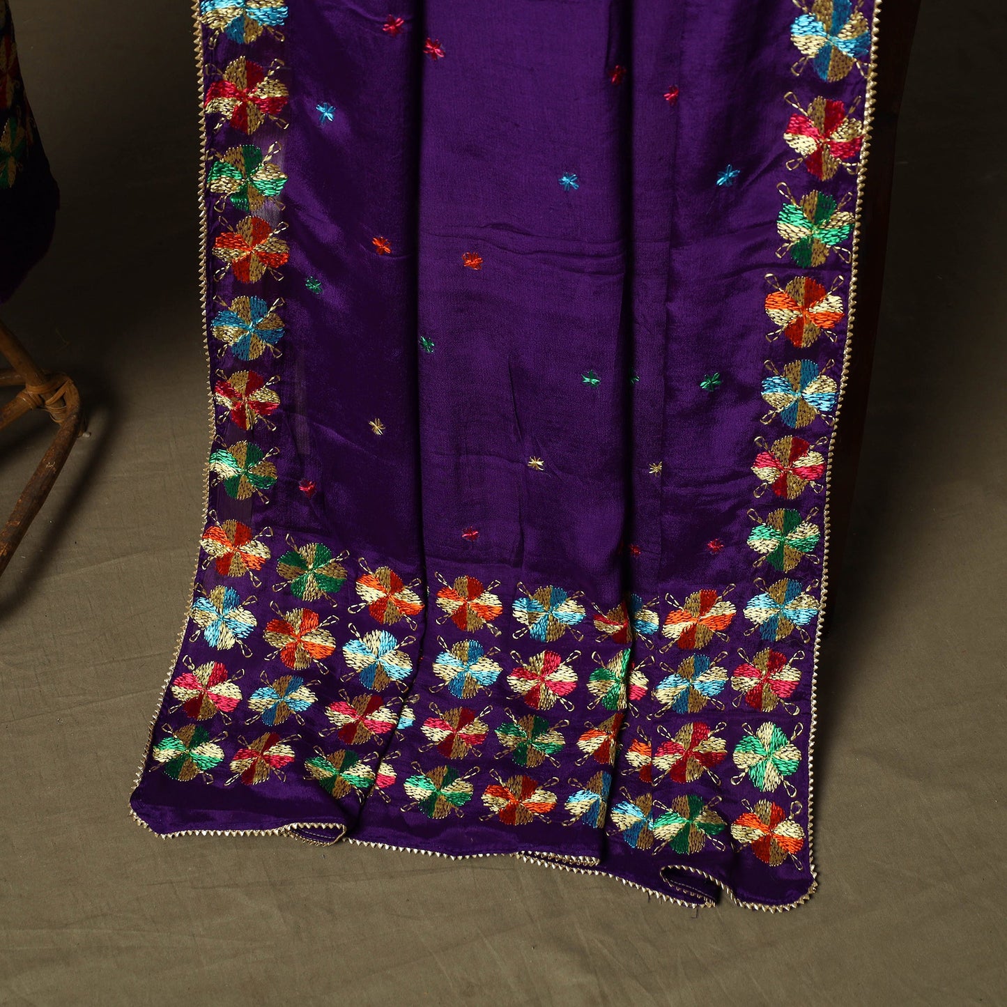 Phulkari hand embroidered crepe silk 3pc unstitched dress