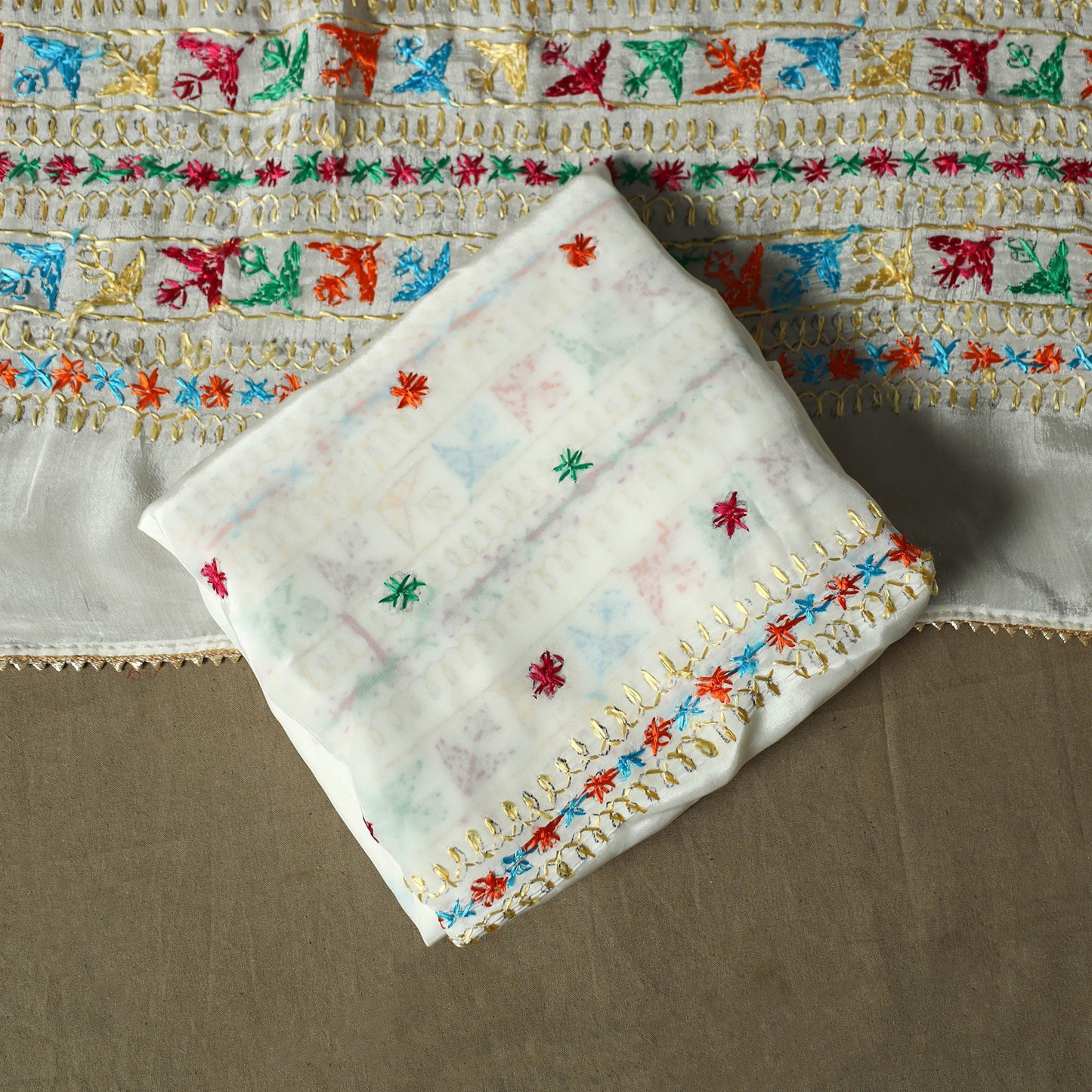 Phulkari hand embroidered crepe silk 3pc unstitched dress