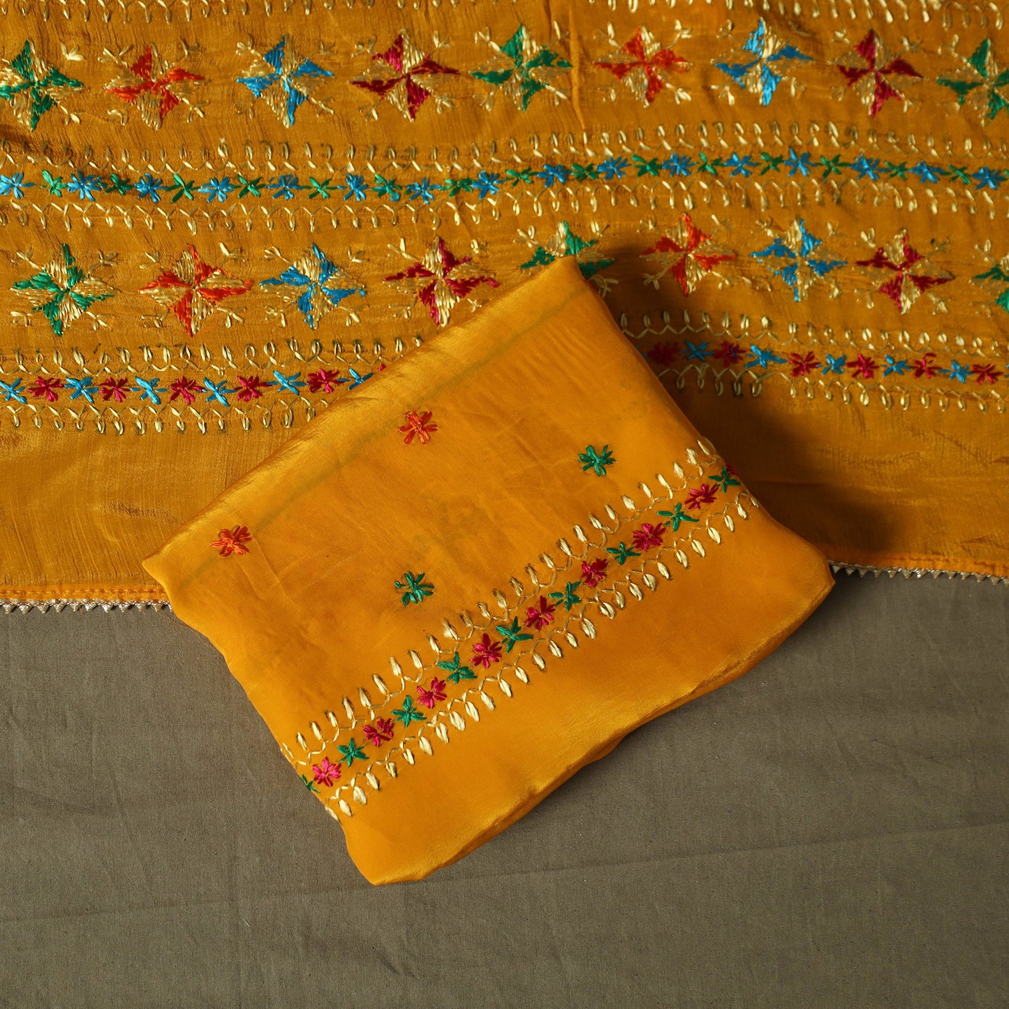 Phulkari hand embroidered crepe silk 3pc unstitched dress