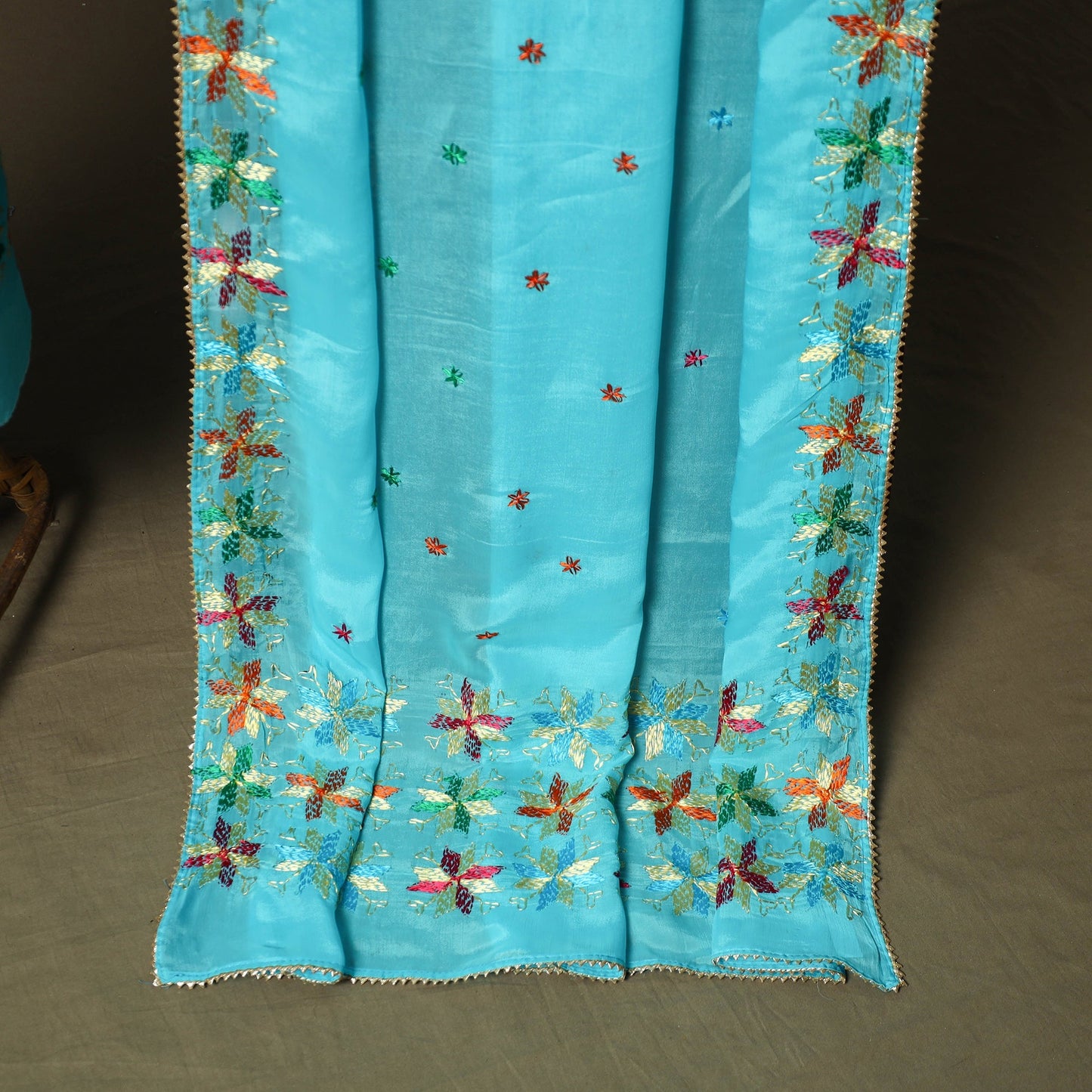 Phulkari hand embroidered crepe silk 3pc unstitched dress