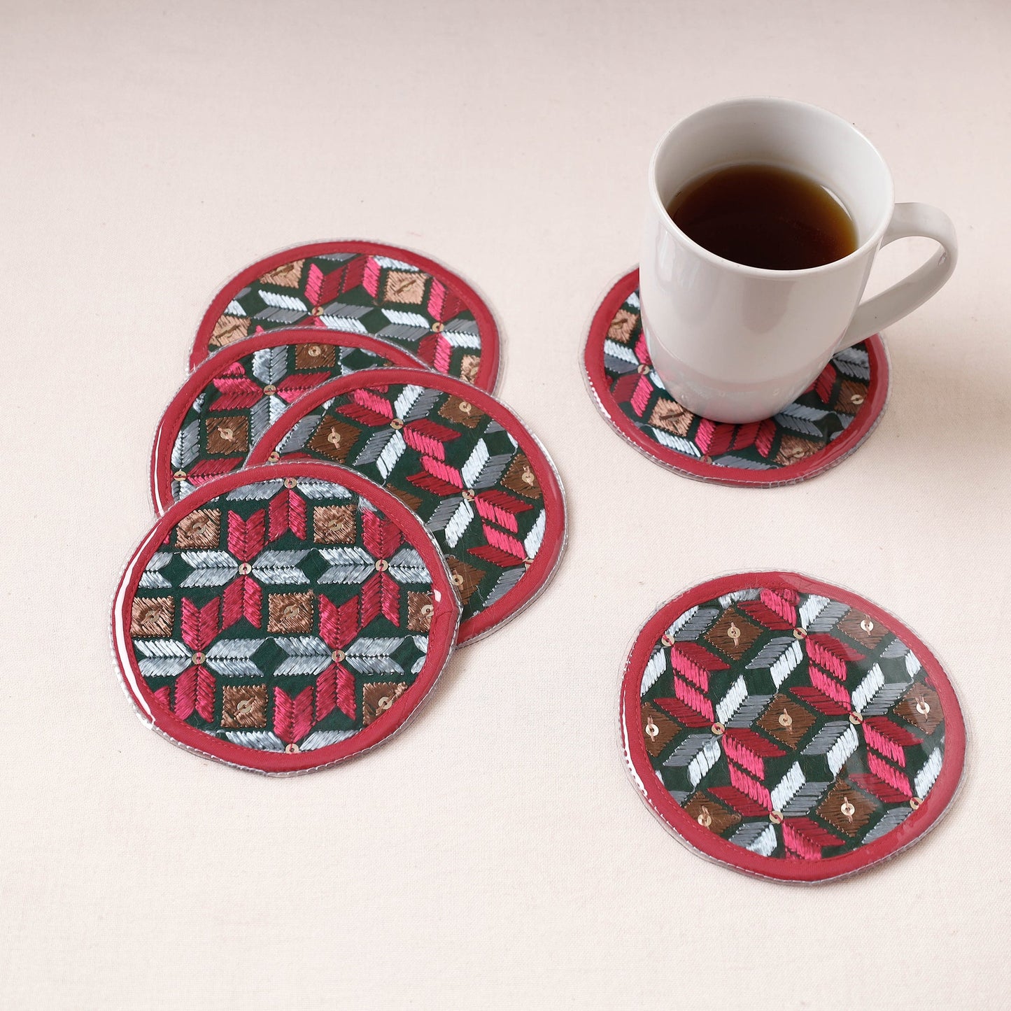 Phulkari Hand Embroidery Laminated Coasters