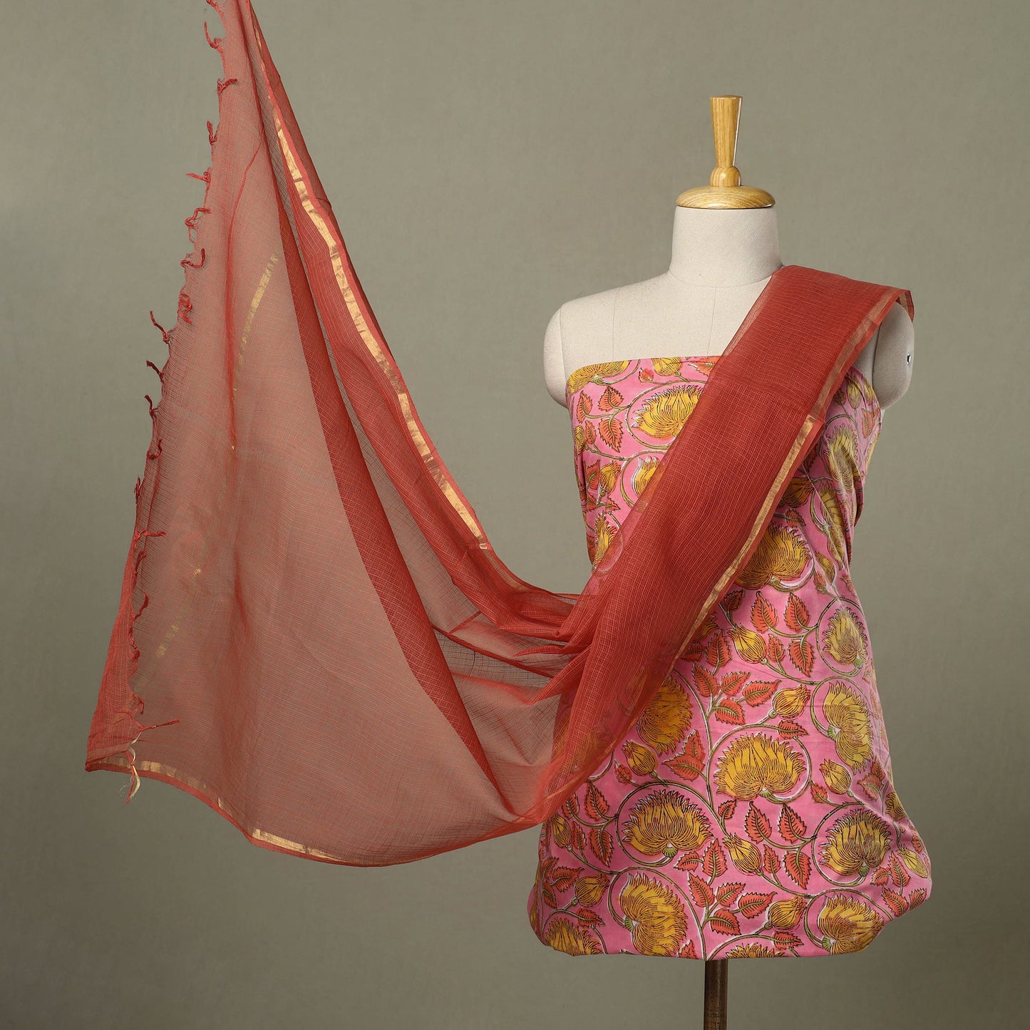 2pc Cotton Pink Sanganeri Print Kurta with Plain Dupatta