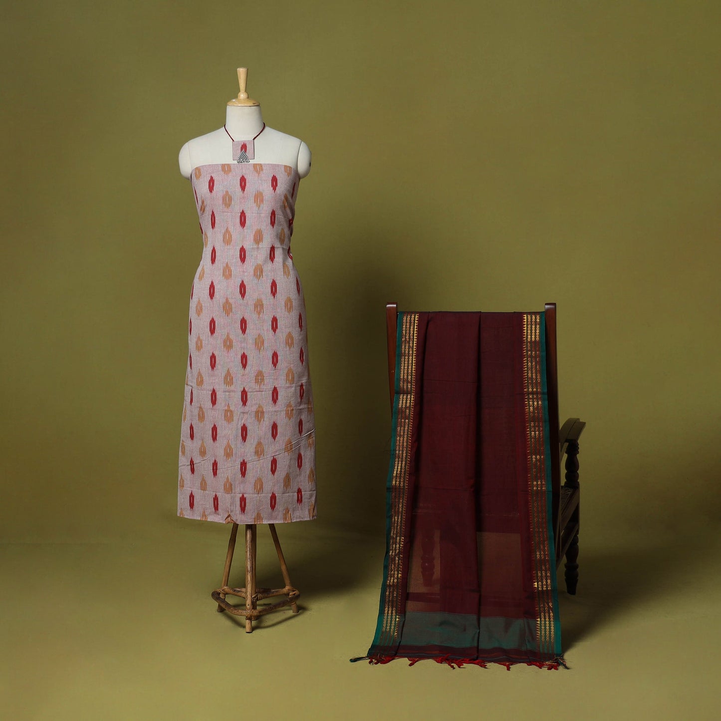 Pink - 2pc cotton unstitched pochampally ikat dress