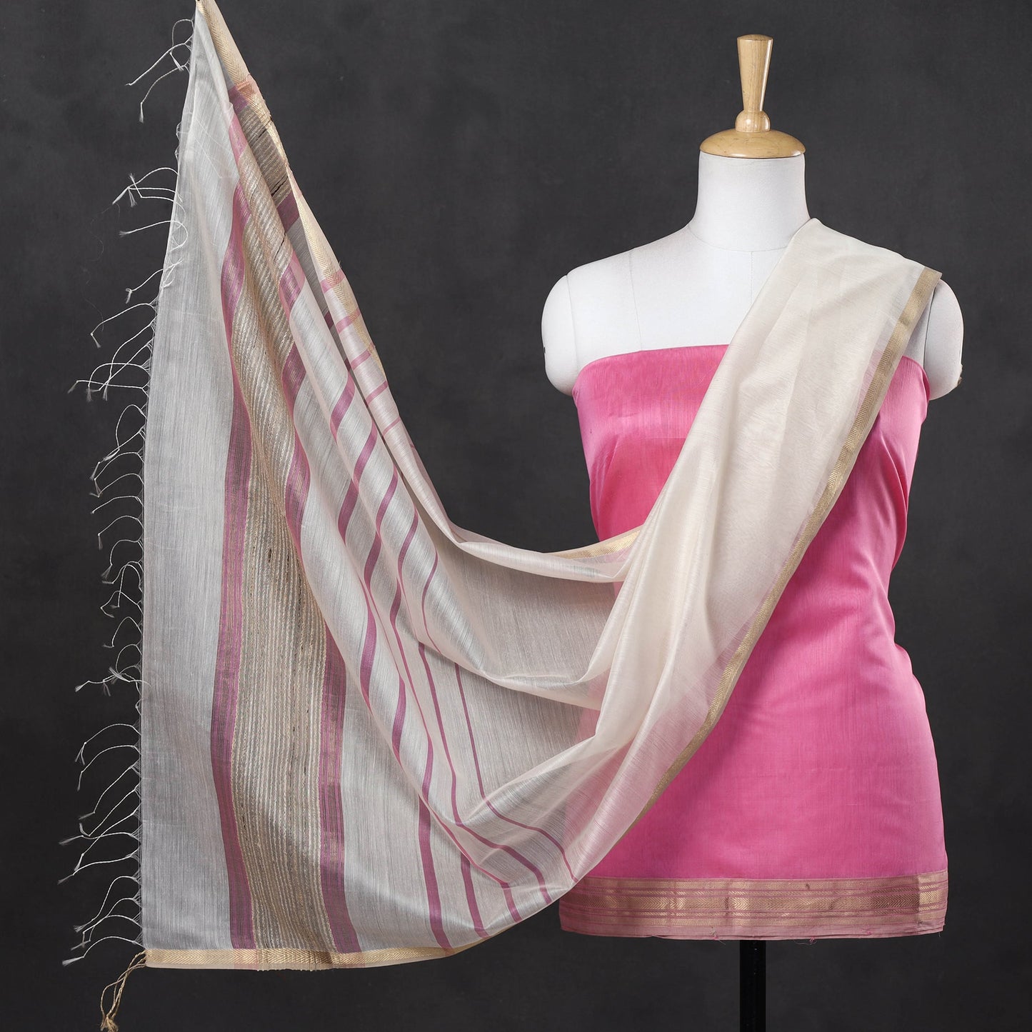2pc Maheshwari Silk Handloom Suit Material Set with Zari Border
