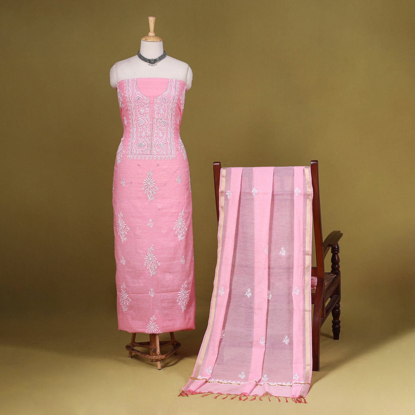Pink - 2pc mul chanderi unstitched chikankari dress