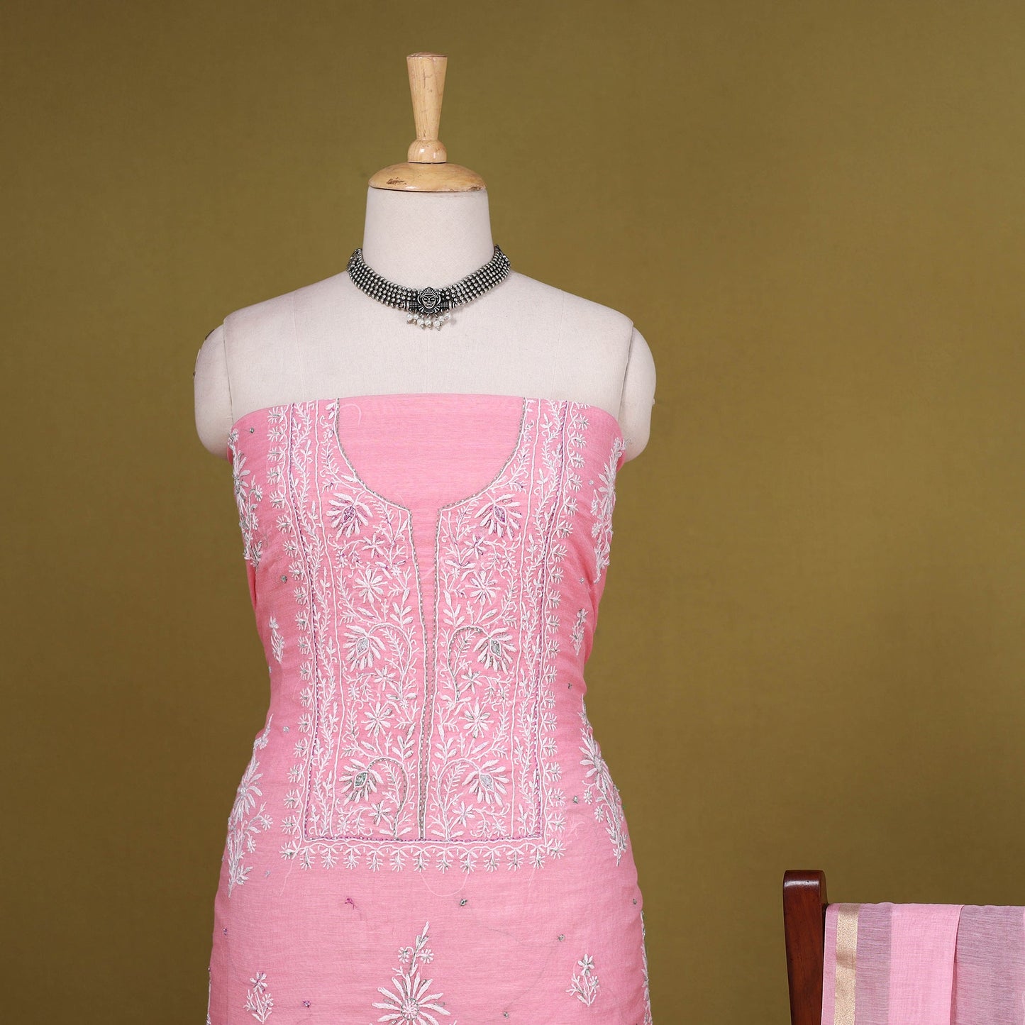 Pink - 2pc mul chanderi unstitched chikankari dress