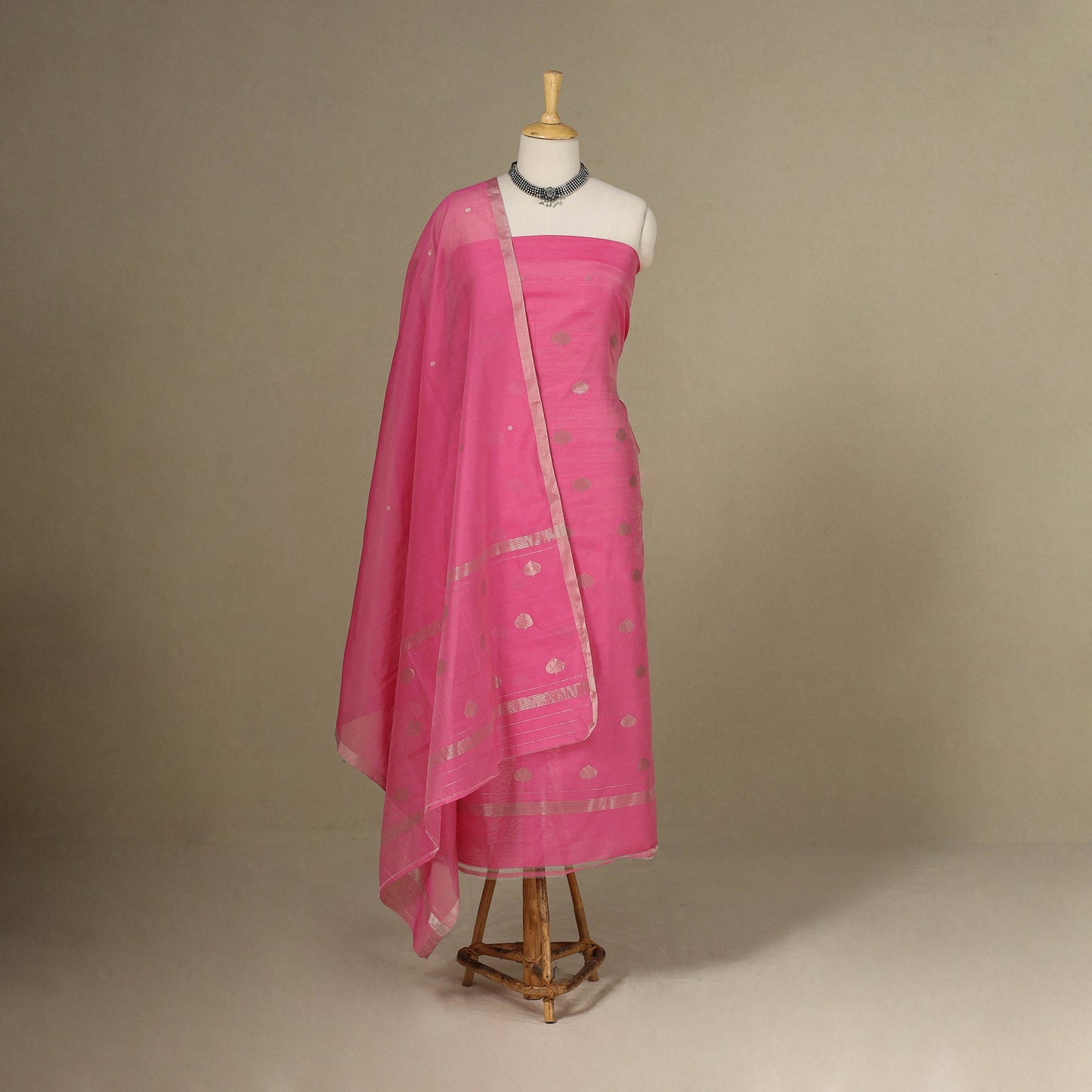Pink - 2pc Zari Buti Handloom Unstitched Chanderi Silk Dress Material