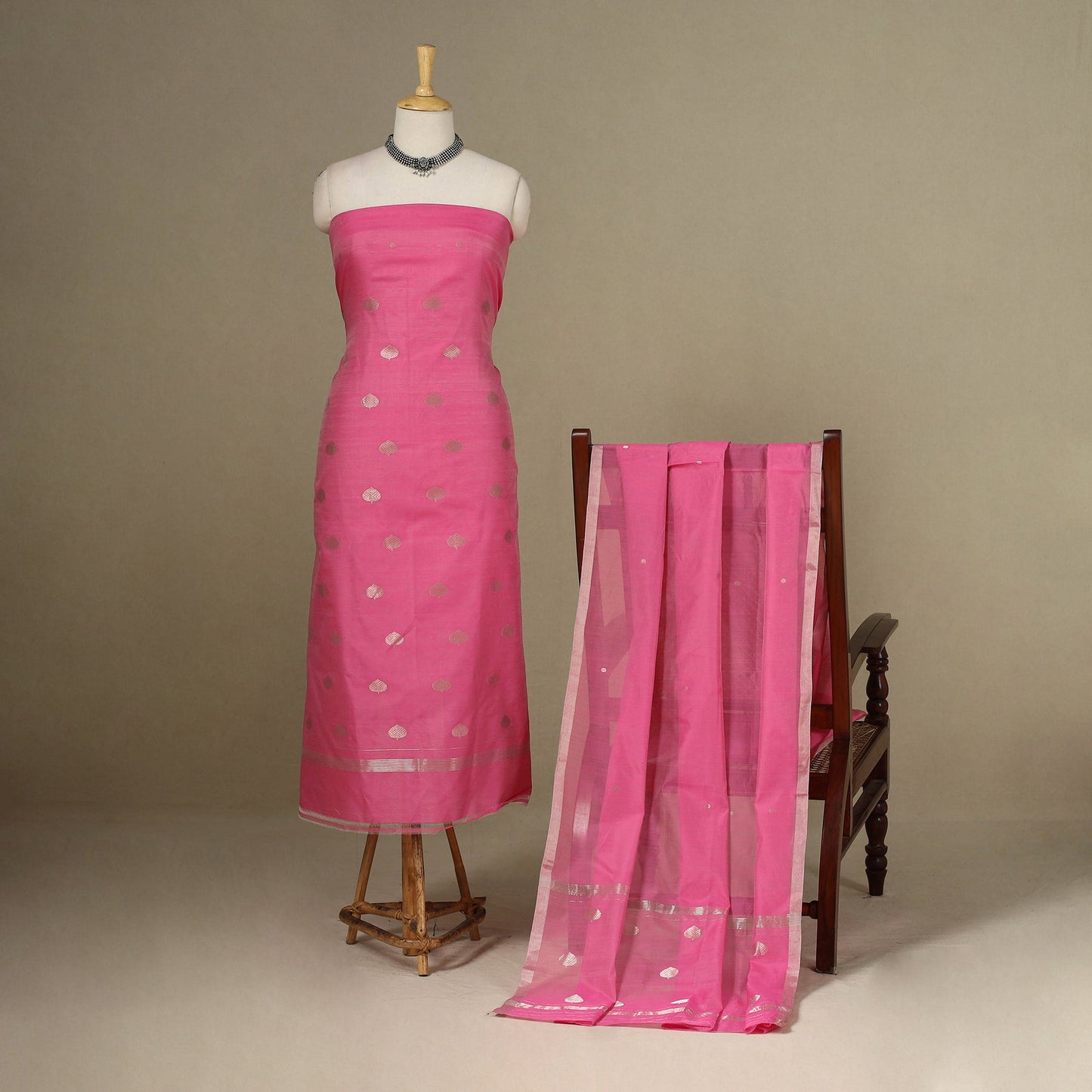 Pink - 2pc Zari Buti Handloom Unstitched Chanderi Silk Dress Material