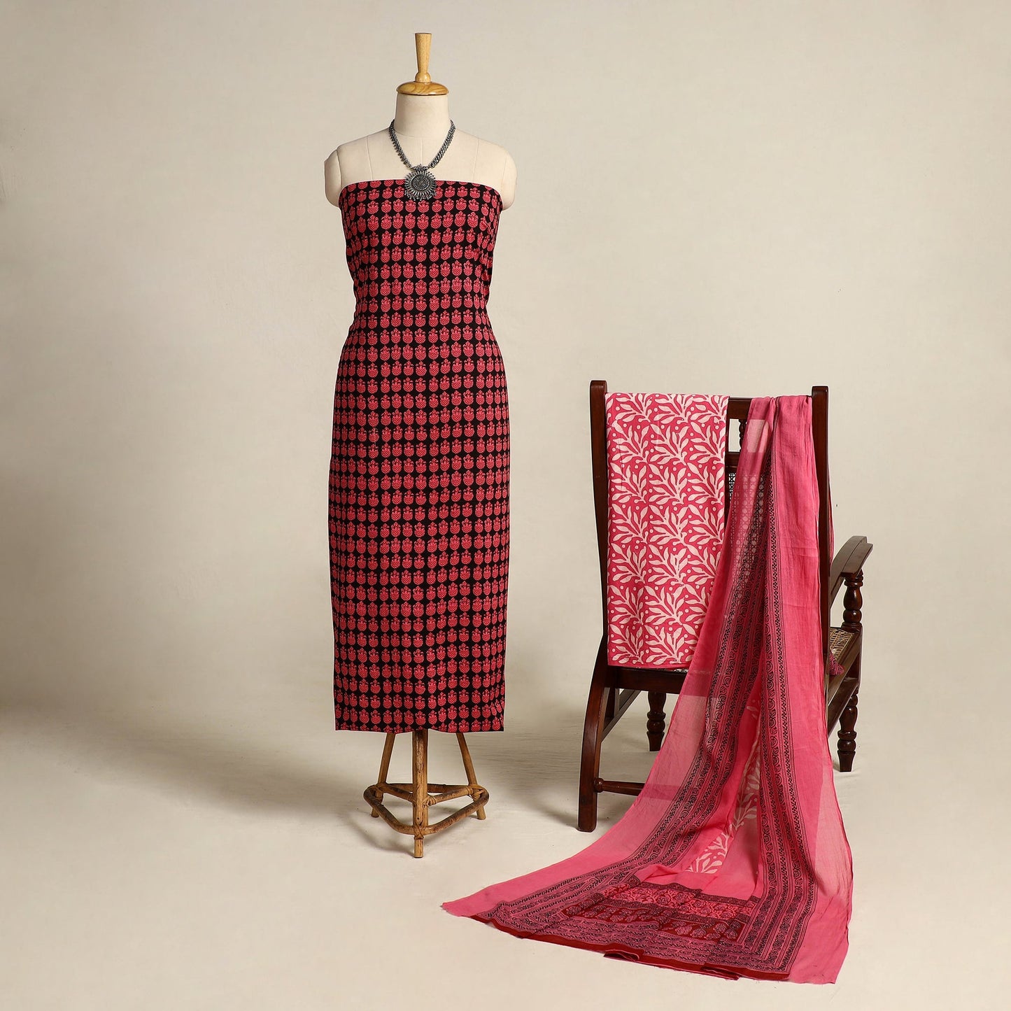 Pink 3pc Cotton Bagh Print Dress Material
