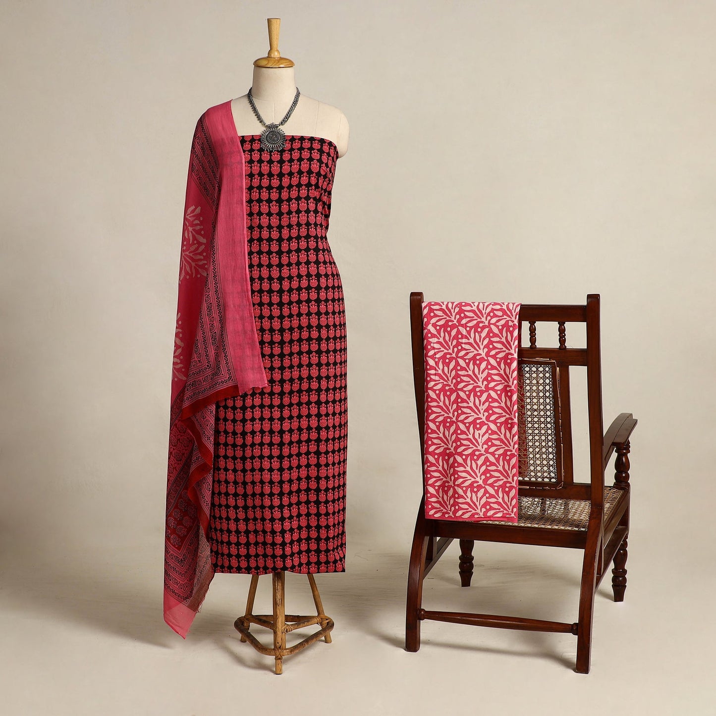 Pink 3pc Cotton Bagh Print Dress Material