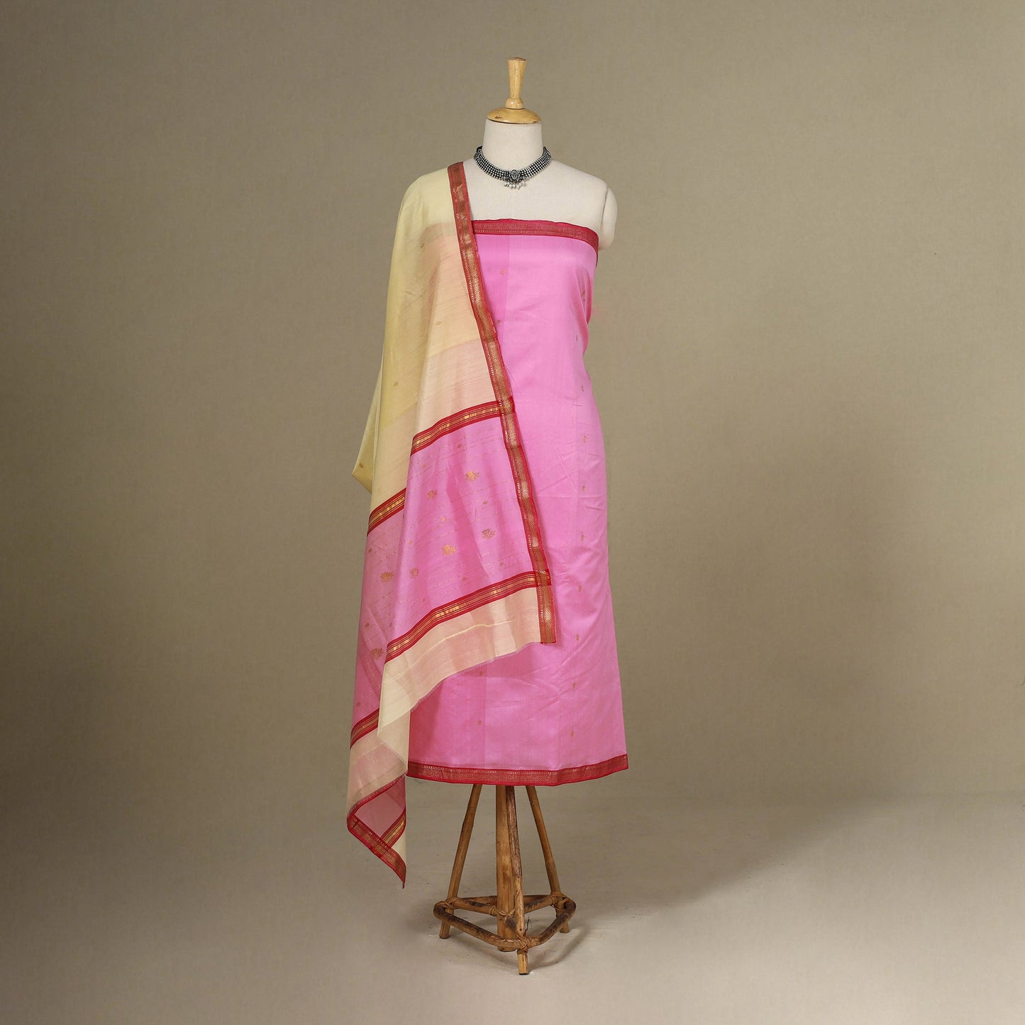 Pink - 3pc Handloom Nakshi Zari Unstitched Chanderi Silk Dress Material