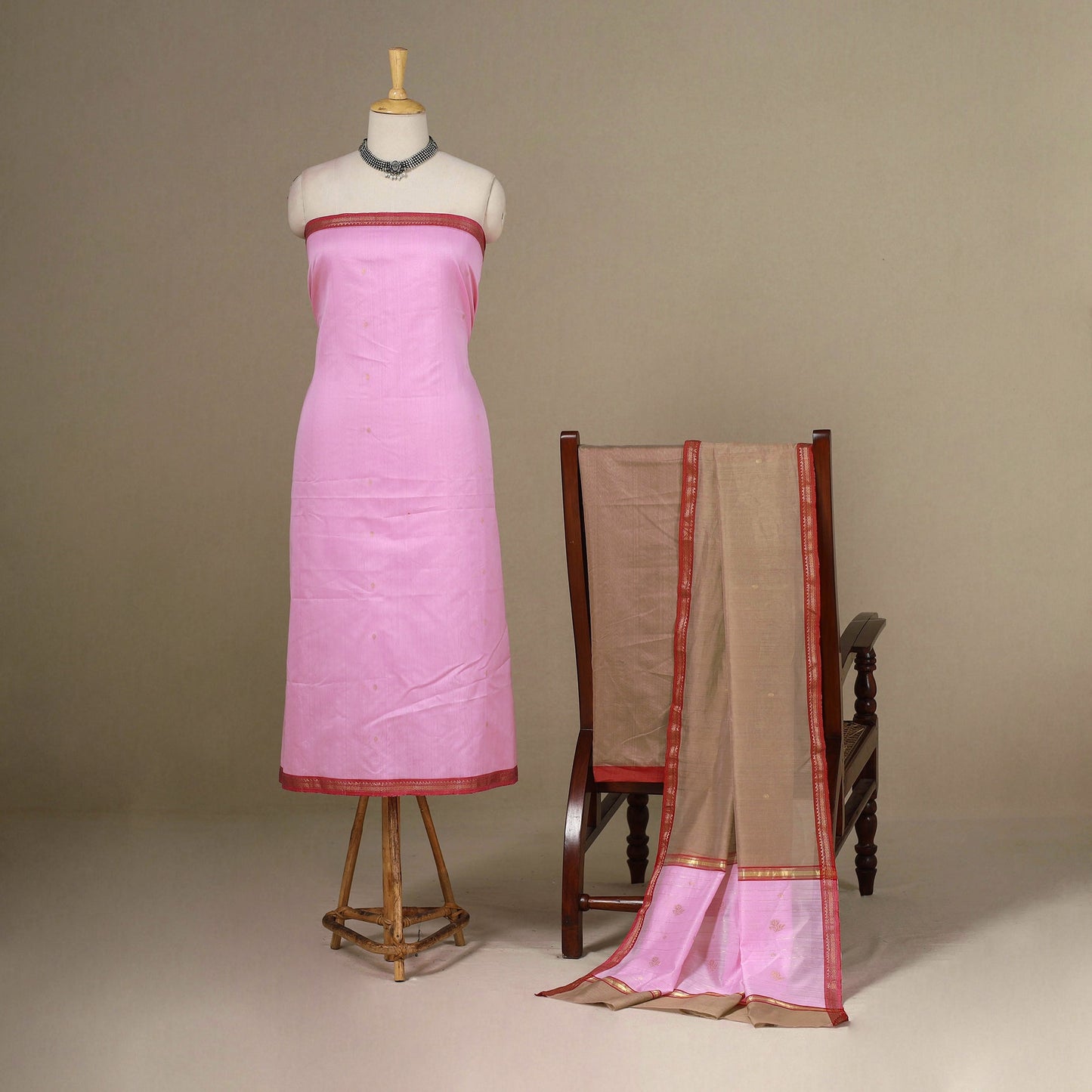 Pink - 3pc Handloom Zari Buti Unstitched Chanderi Silk Dress Material