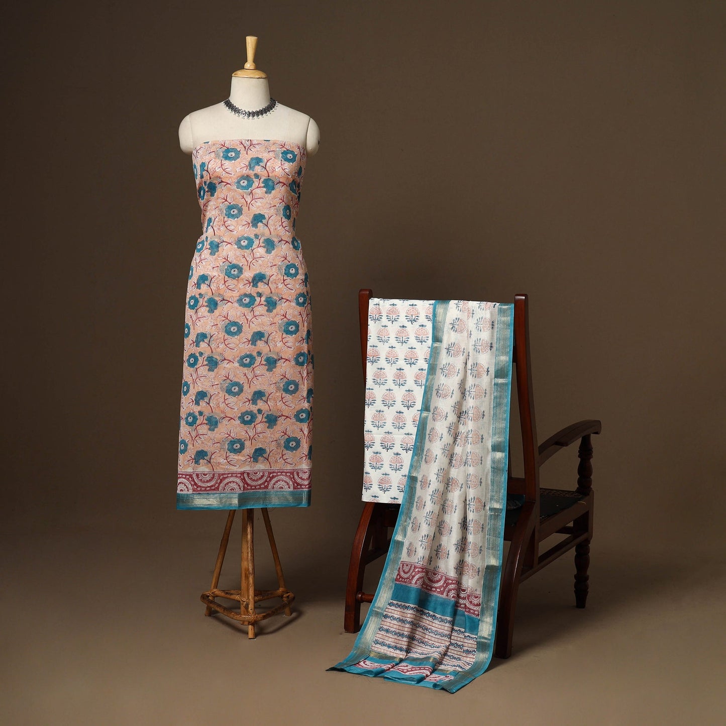 3pc maheshwari silk unstitched hand sanganeri dress